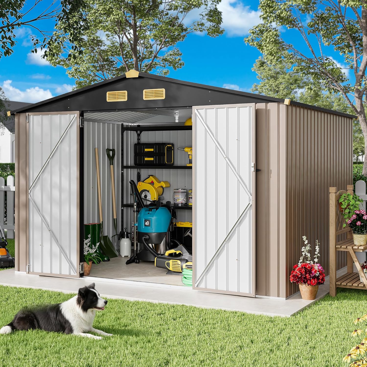 IRONCK 10x8FT Outdoor Storage Shed with Breathable Vent Galvanized Steel Metal Tool Shed