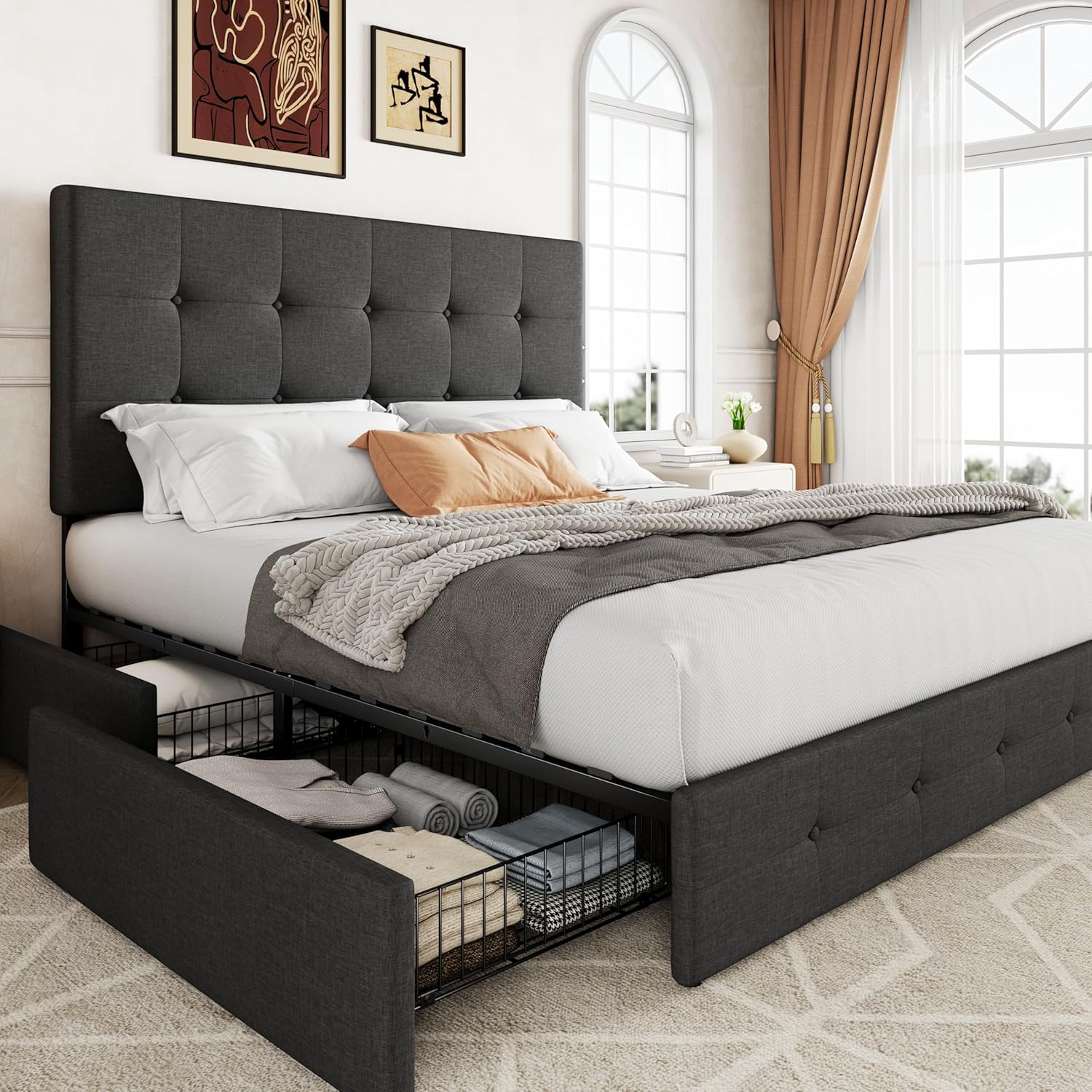 Allewie Upholstered Queen Size Platform Bed Frame with 4 Storage Drawers and Headboard