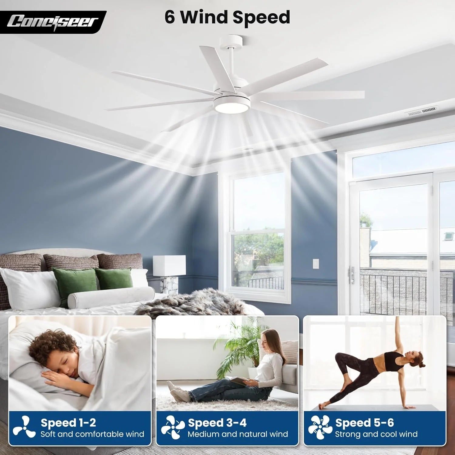 Modern Ceiling Fans with Lights, 72 Inch Ceiling Fan with Light and Remote, Bedroom Living Room Library Cafe Outdoor/Industrial,24W 3CCT Dimmable, 8 Blades 6 Speed Reversible Quiet DC Motor, Black