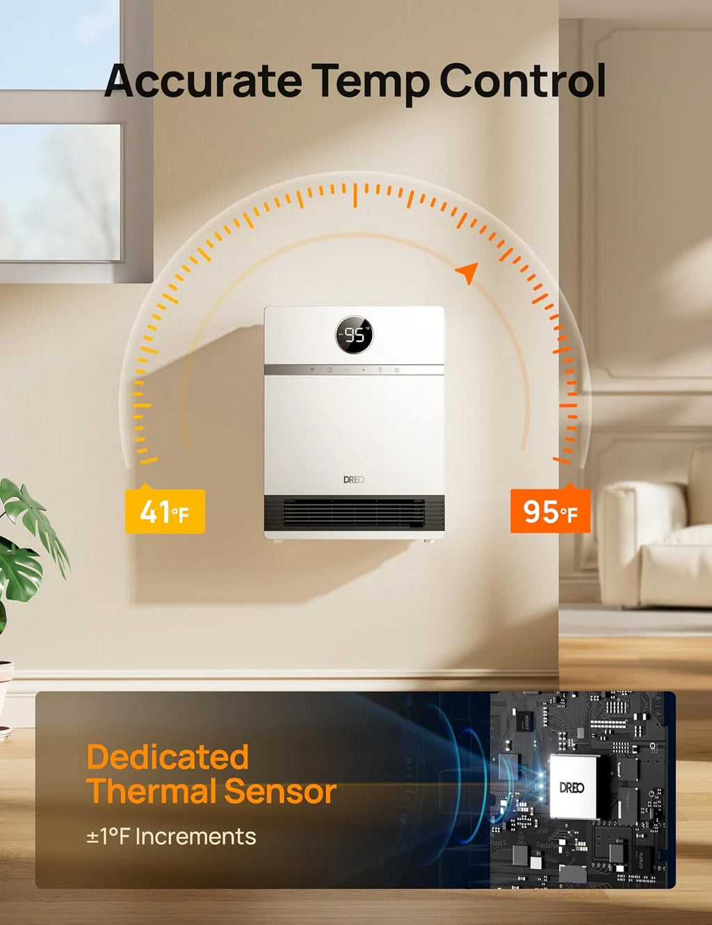 Dreo Smart Wall Heater, IP24 Electric PTC Space Heaters for Indoor Use, 30�� Oscillation, Adjustable Thermostat, Remote Control, Works with Alexa, 24H Timer, Easy-mounted for Bedroom, Office, Home