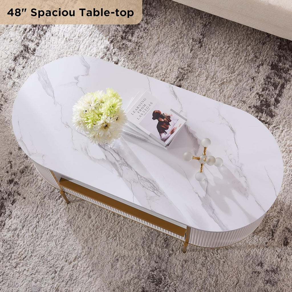 OKD Modern Luxury Grooved Coffee Table 48 Inch Oval Coffee Table Drawers Imitation Marble Top
