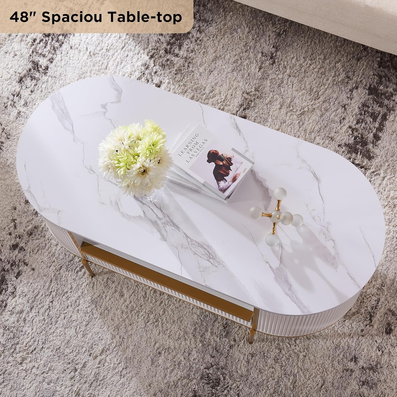 OKD Modern Luxury Grooved Coffee Table 48 Inch Oval Coffee Table Drawers Imitation Marble Top