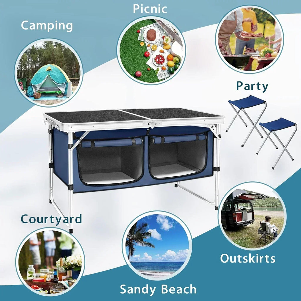 Outdoor Folding Table Aluminum Lightweight Height Adjustable with Storage Organizer