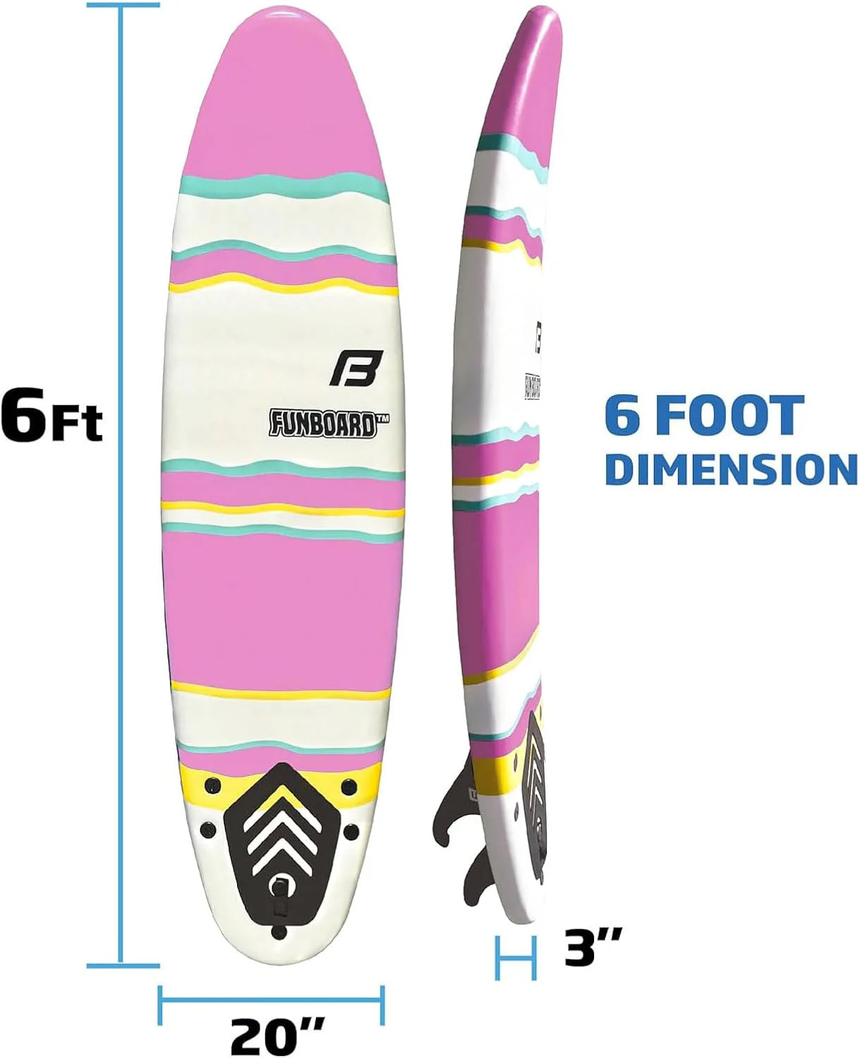 6 FUNBOARD Surfboard Softboard Foam Include (3) Fins 6 Foot Leash and (2) Wood Stringers