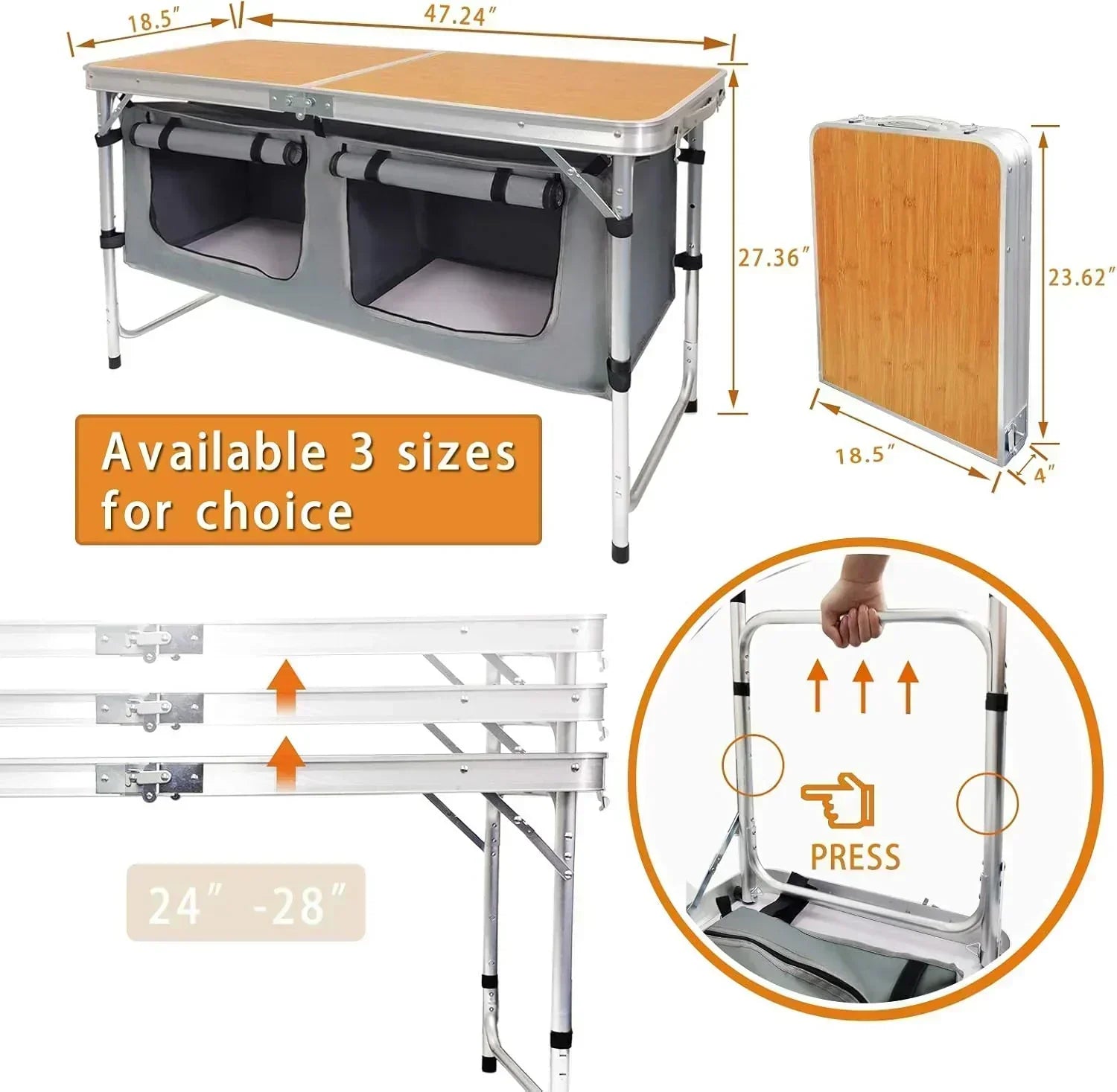 Outdoor Folding Table Aluminum Lightweight Height Adjustable with Storage Organizer