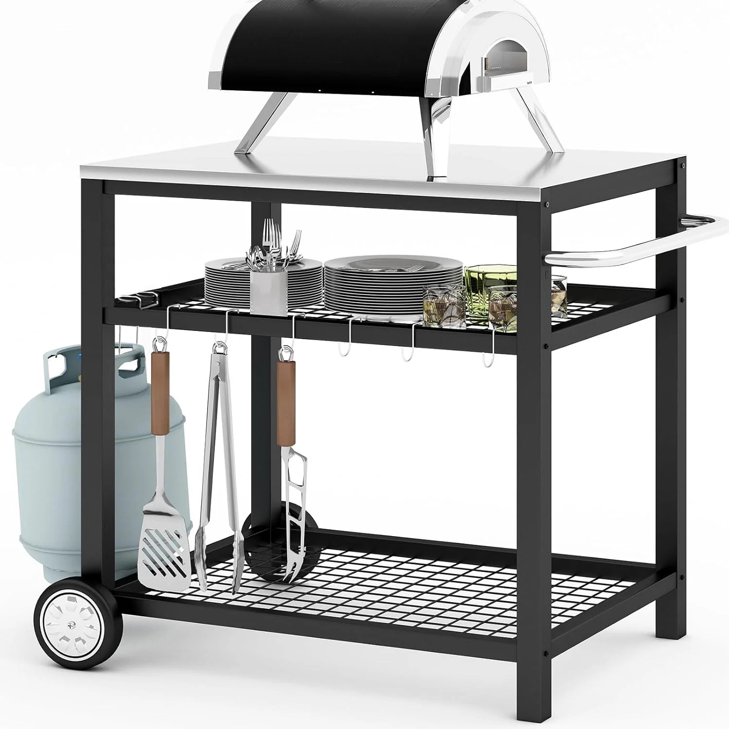 Stainless Steel Outdoor Grill Cart Pizza Oven Stand Trolley Table with Wheels Three-Shelf Movable Food Prep and Work Table Heavy Duty Grill Carts Outdoor Cart 31.5×24×35.5