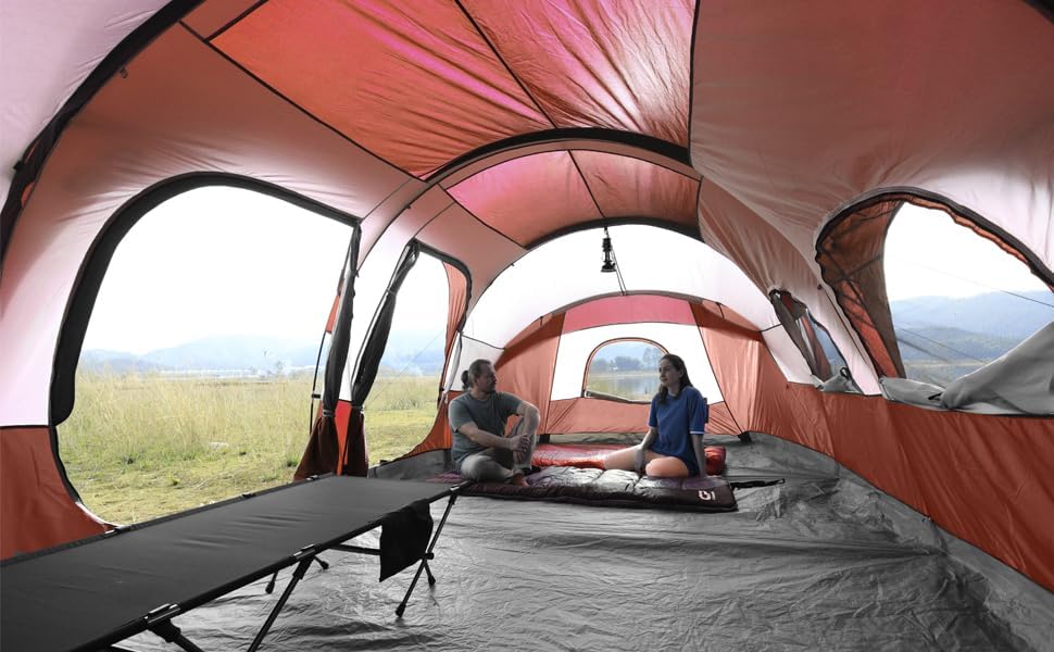 CAMPROS CP Tent 12-Person-Camping-Tents,3 Room Family Tents,Waterproof Windproof Family Tent with Top Rainfly,6 Large Mesh Windows,Double Layer,Easy Set Up, Portable with Carry Bag-20' x 9' x 72(H)
