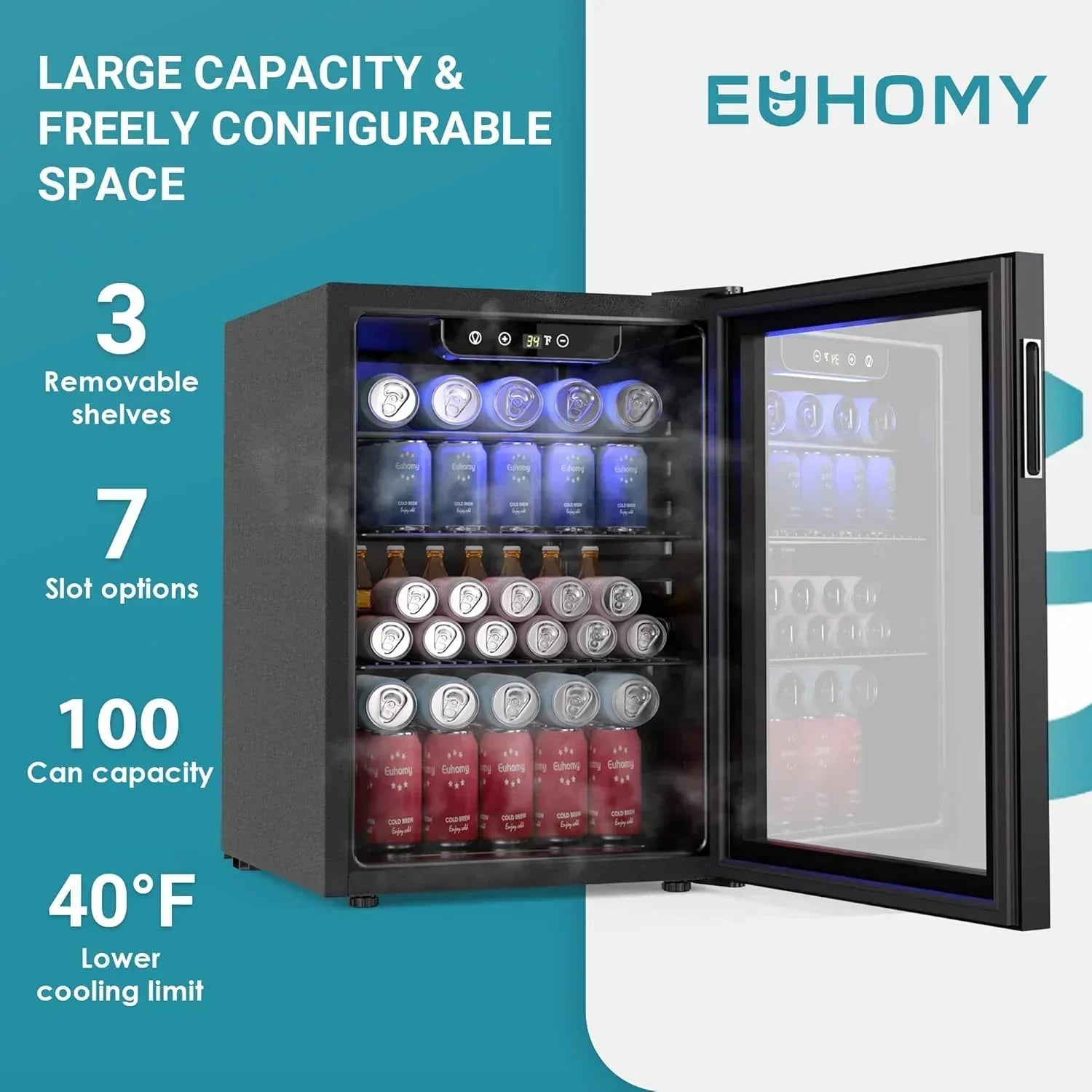 EUHOMY Beverage Refrigerator Cooler 130 Can Mini Fridge with Glass Door Beverage Cooler