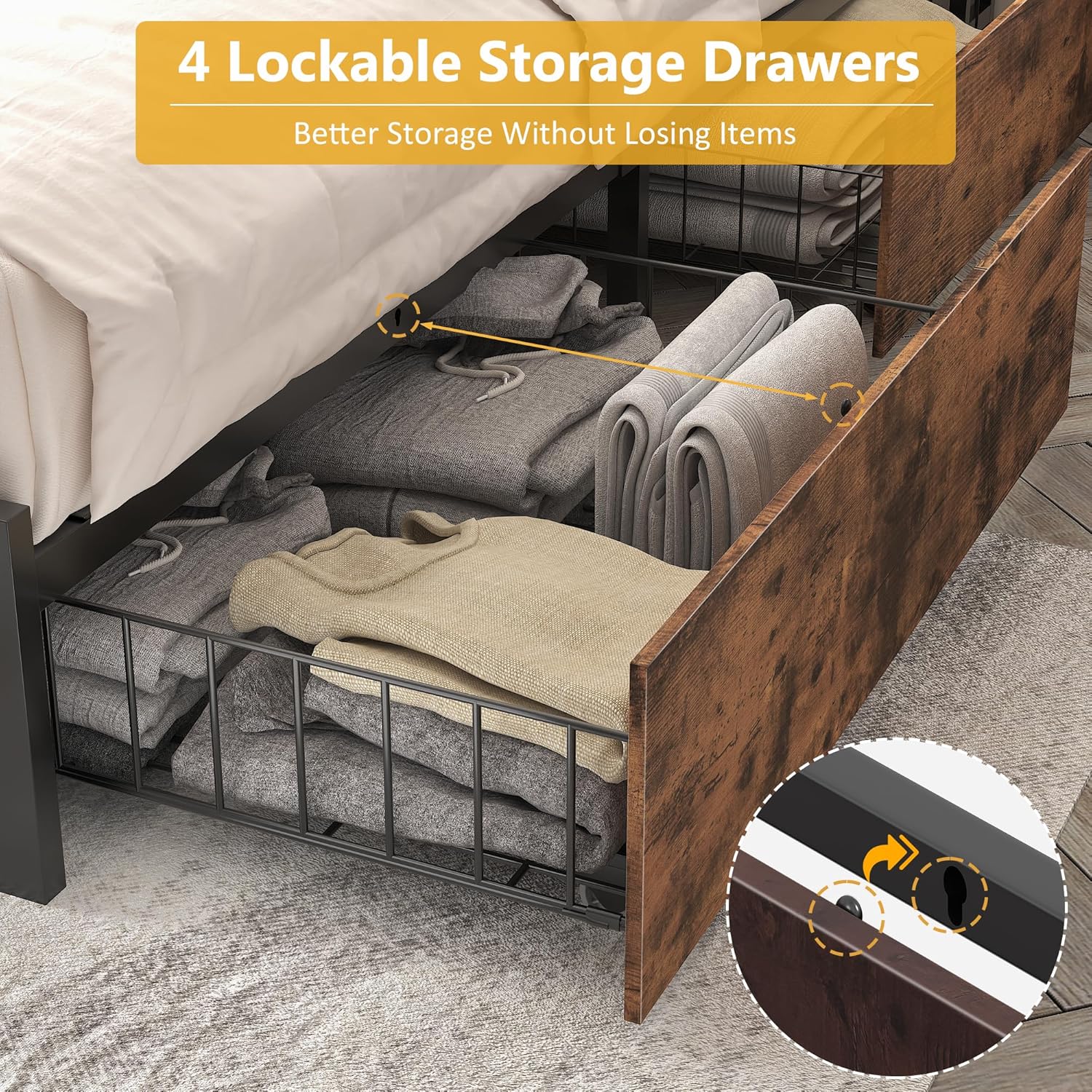 Lifezone Queen Bed Frame with 2-Tier Storage Headboard, Metal Platform Bed Frame with 4 Storage Drawers, Built in Charging Station & LED, Noise-Free/Metal Support/No Box Spring Needed