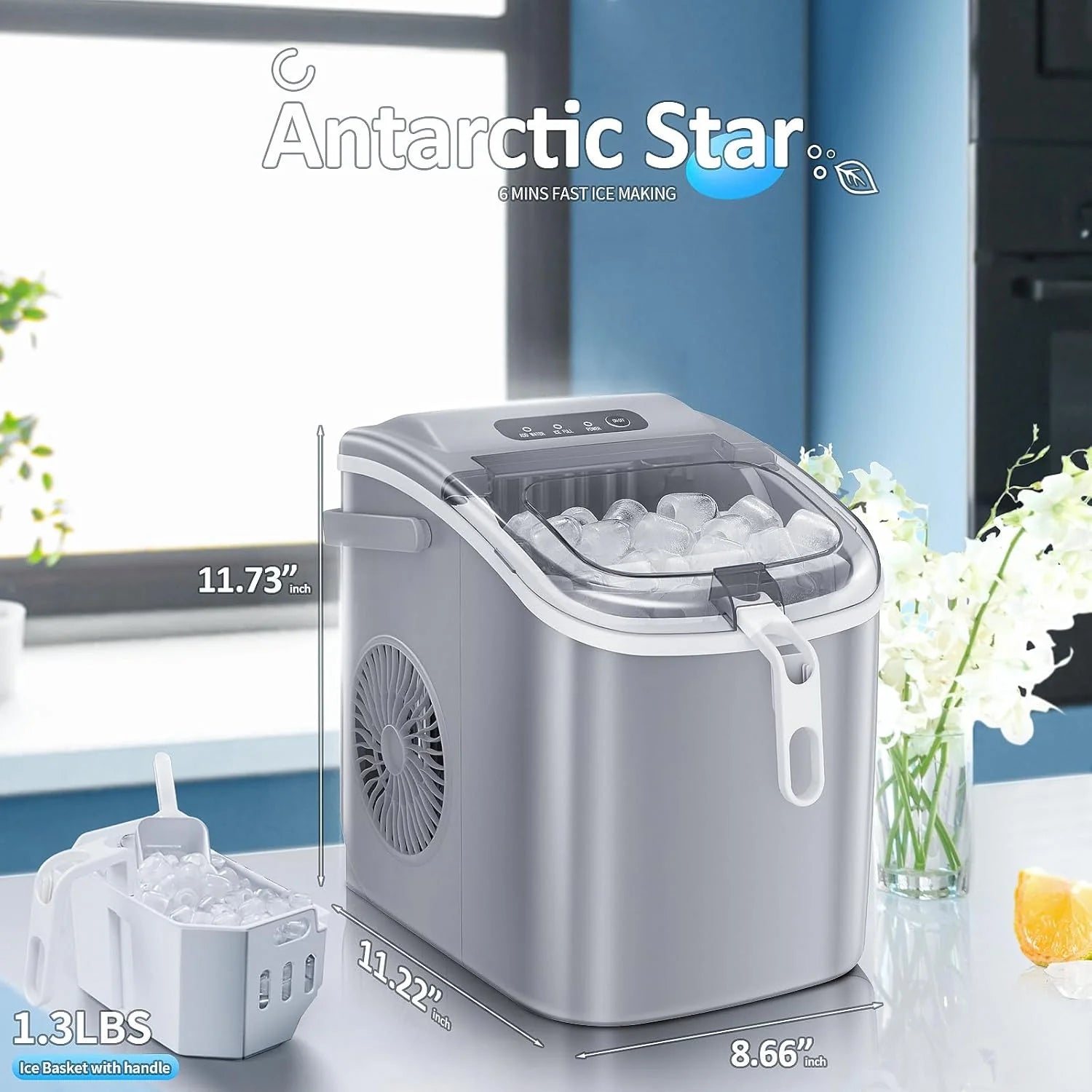 Nugget Ice Makers Countertop, Pebble Ice Machine with Chewable Pellet Ice, 34Lbs/24H, Self-Cleaning, Sonic Ice, One-Click Operation, for Kitchen,Office Stainless Steel Silver