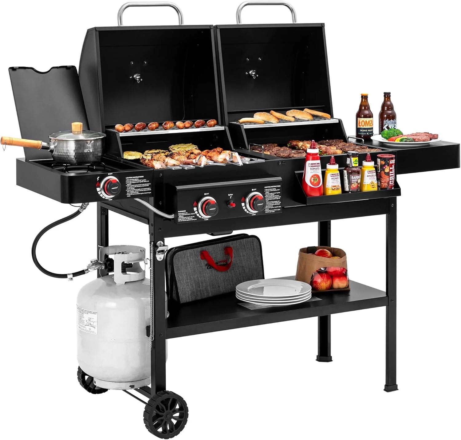 2-Burner Gas and Charcoal Grill Combo with Offset Smoker & Side Burner, 34,000 BTU Dual