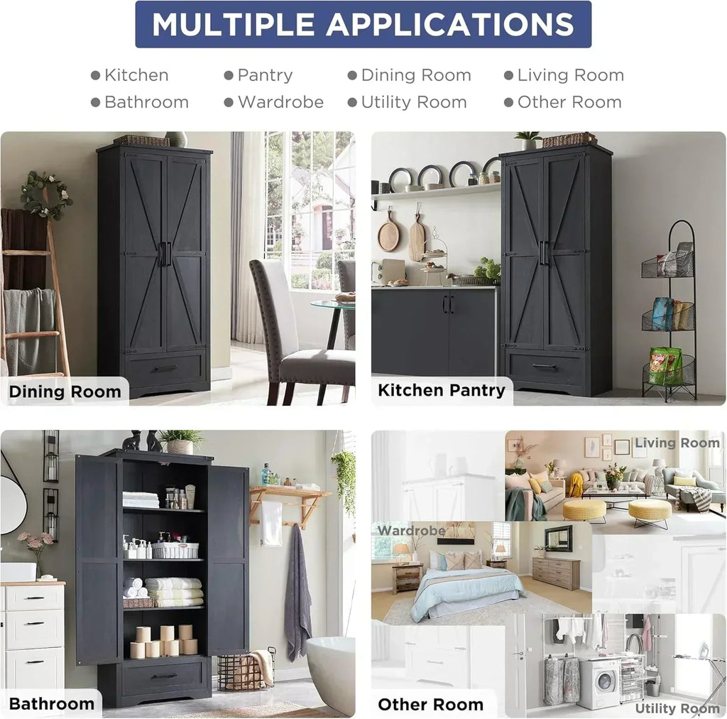 JXQTLINGMU Farmhouse Kitchen Pantry 72 Tall Wood Kitchen Storage Cabinet Adjustable Shelves