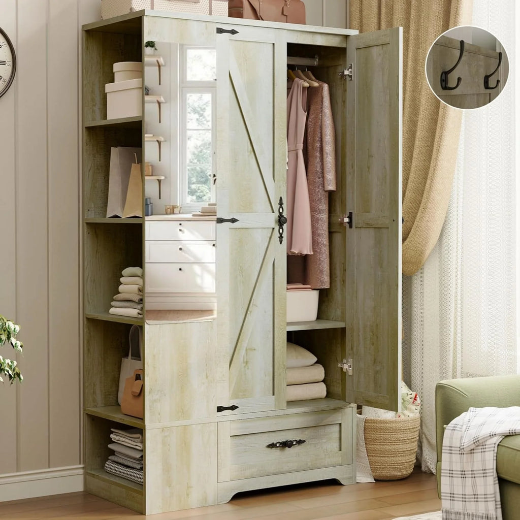 ANCTOR Armoire Wardrobe Closet with Mirror, 70 H Wooden Bedroom Armoires and Wardrobes