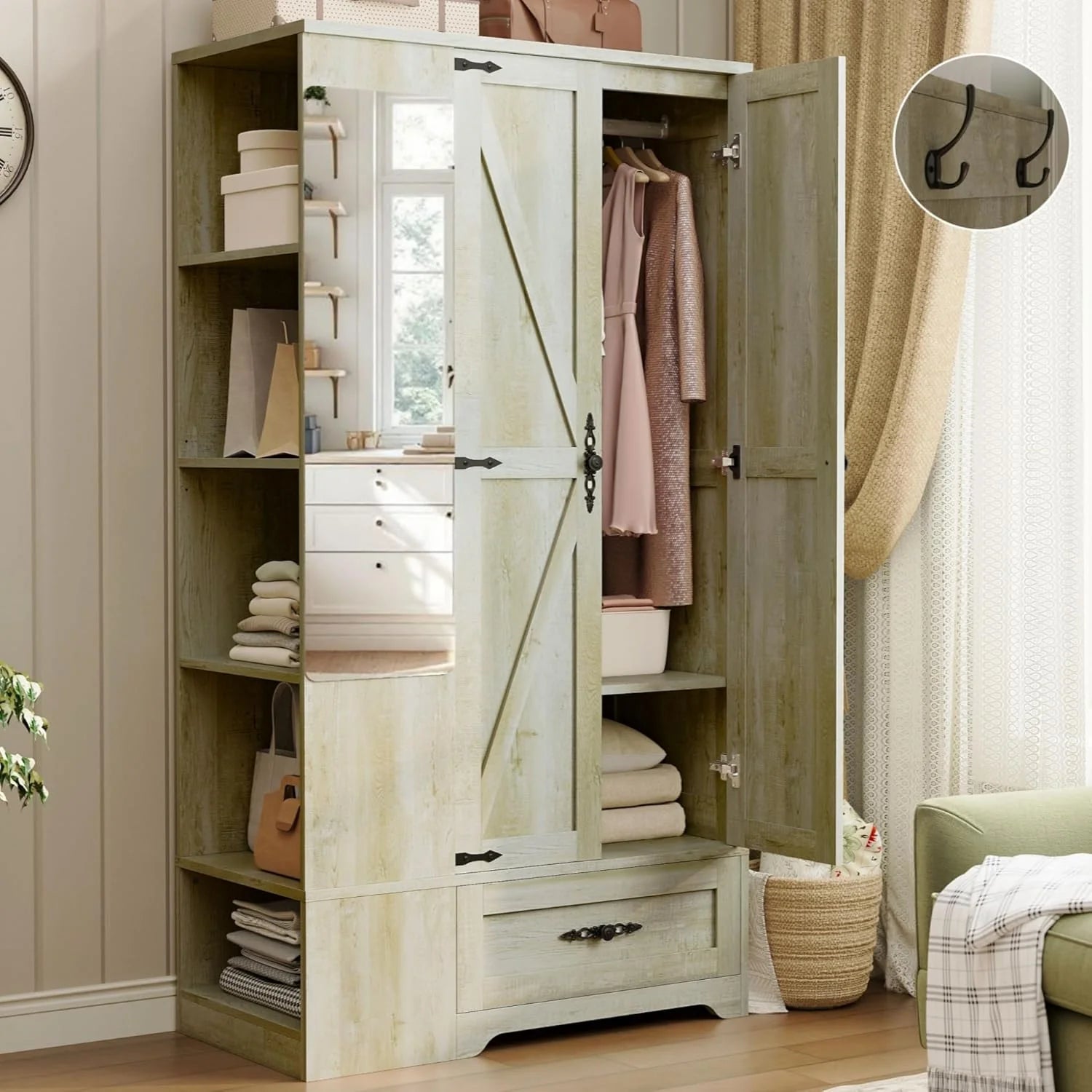 ANCTOR Armoire Wardrobe Closet with Mirror, 70 H Wooden Bedroom Armoires and Wardrobes