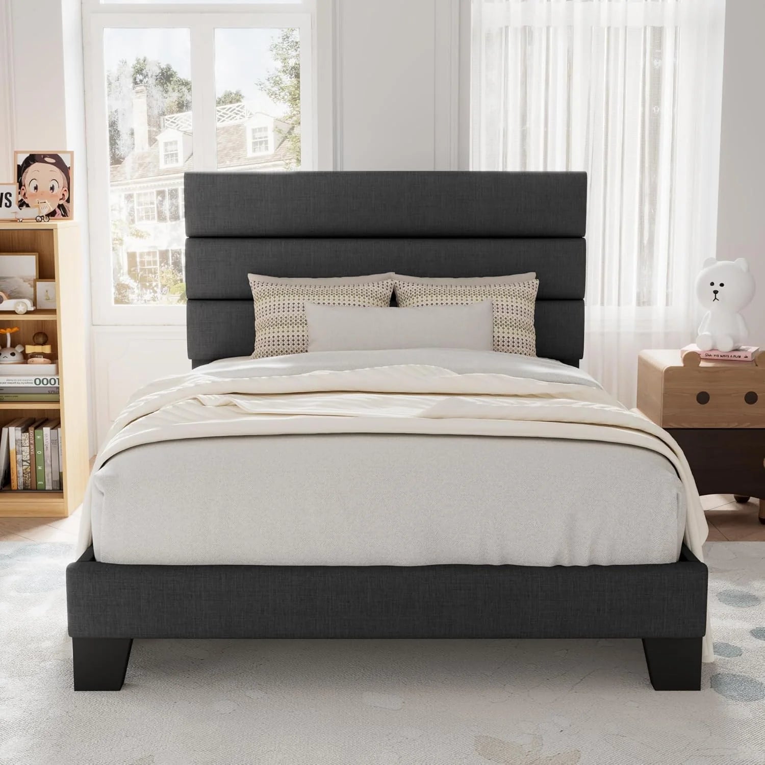 Allewie Queen Size Platform Bed Frame Fabric Upholstered Headboard Wooden Slats Support