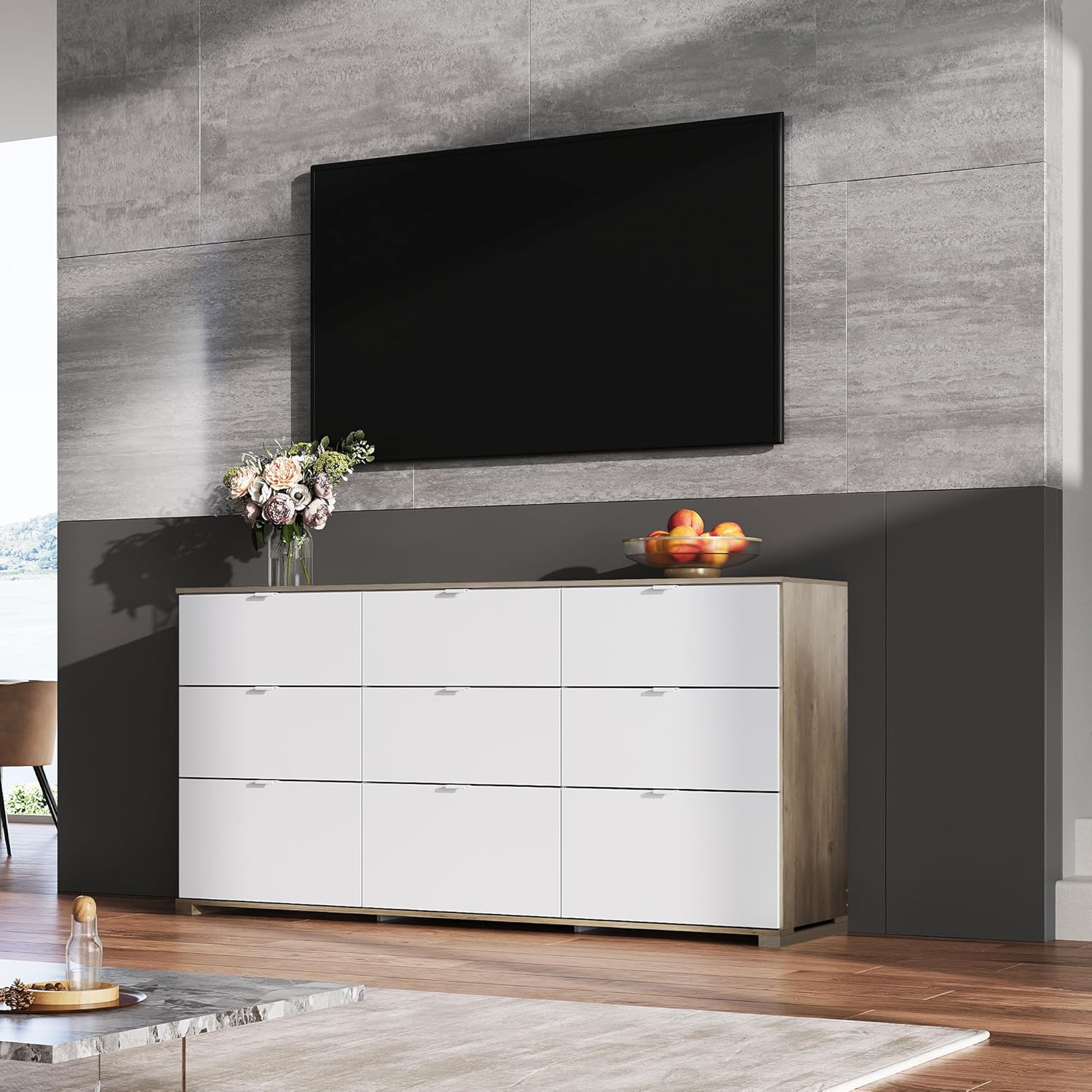 9 Drawer Led Dresser for Bedroom, 58.35'' Wide Wood Dresser Storage Organizer with Power Outlets for 65'' TV, Dressers with Open Shelves