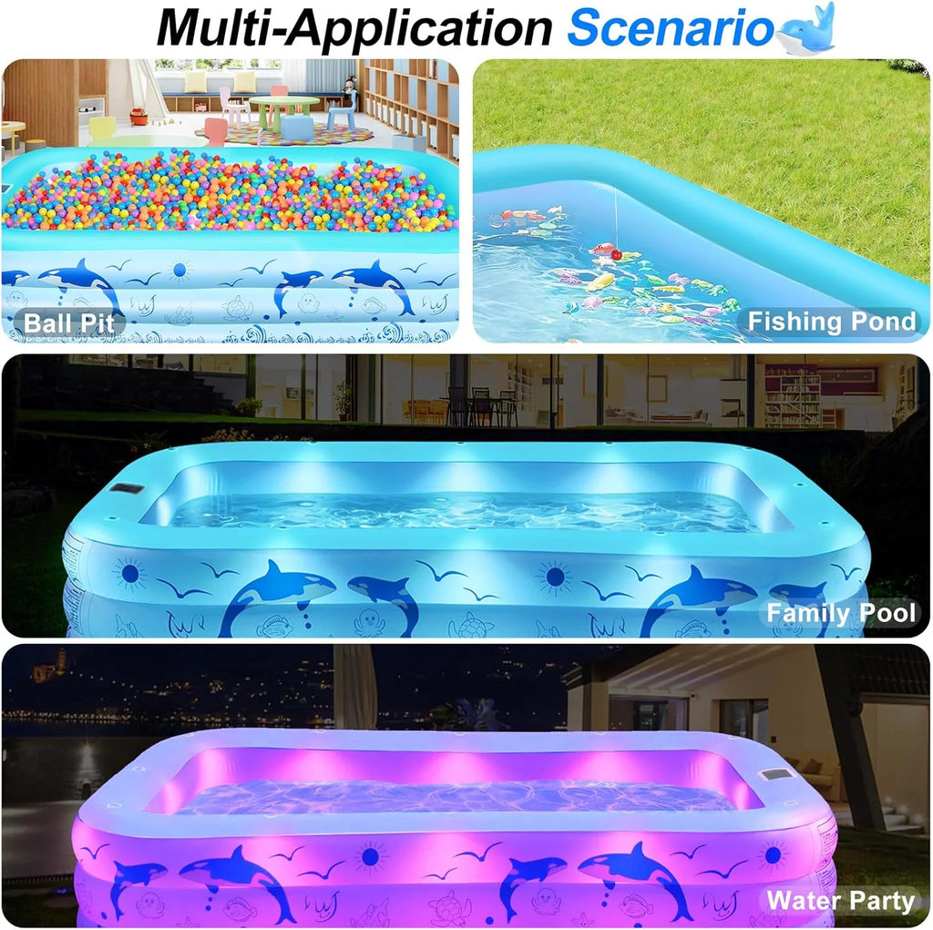 2026 Upgrade Inflatable Pools with Lights, Inflatable Swimming Pools for Adults, Blow Up Pool Solar, Large Pool, Durable Thickened Inflatable Pool for Backyard- Light Blue