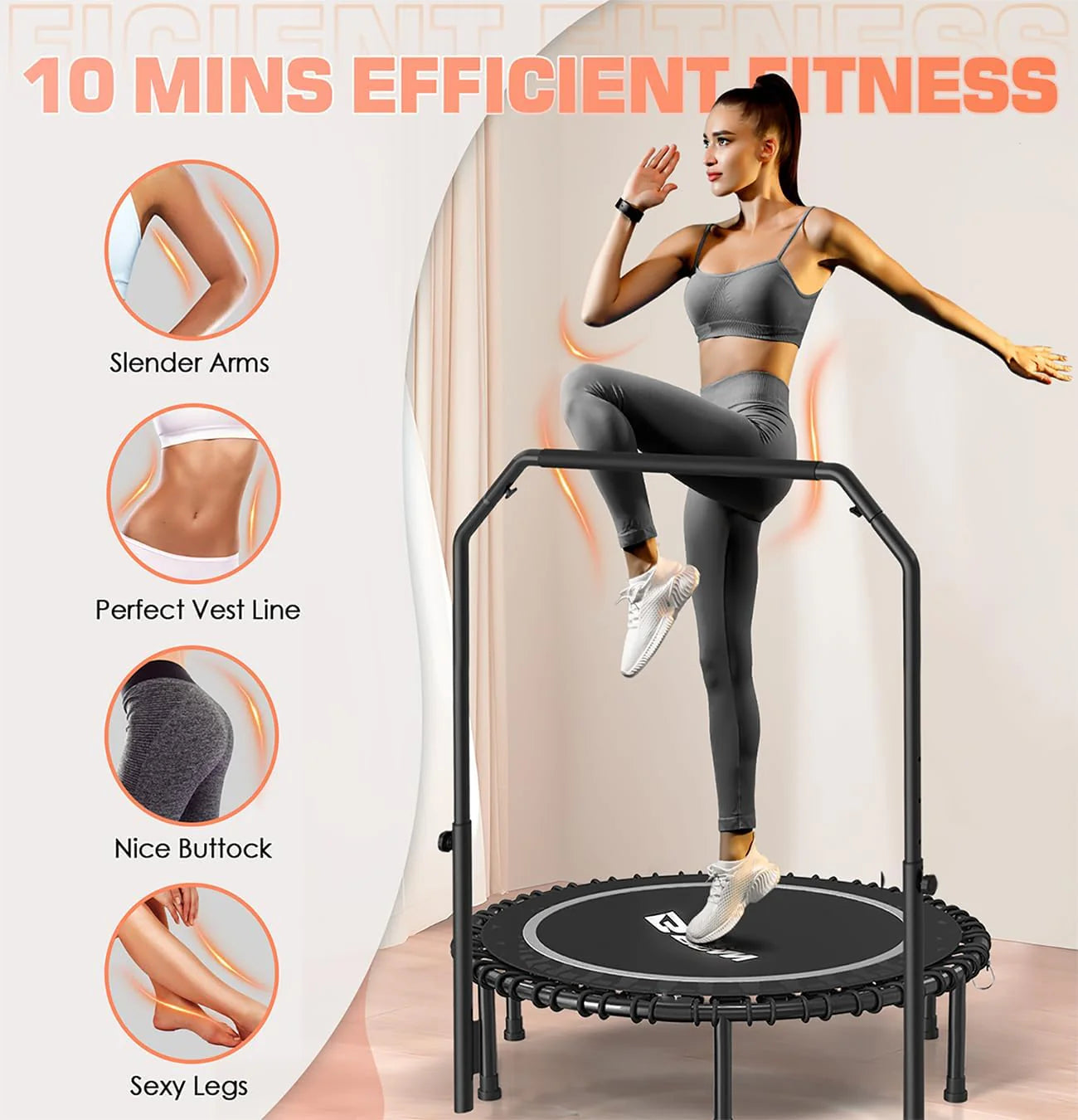 BCAN 450/550 LBS Foldable Mini Trampoline, 40/48 Fitness Trampoline with Bungees, U Shape Adjustable Foam Handle, Stable & Quiet Exercise Rebounder for Adults Indoor/Outdoor Workout