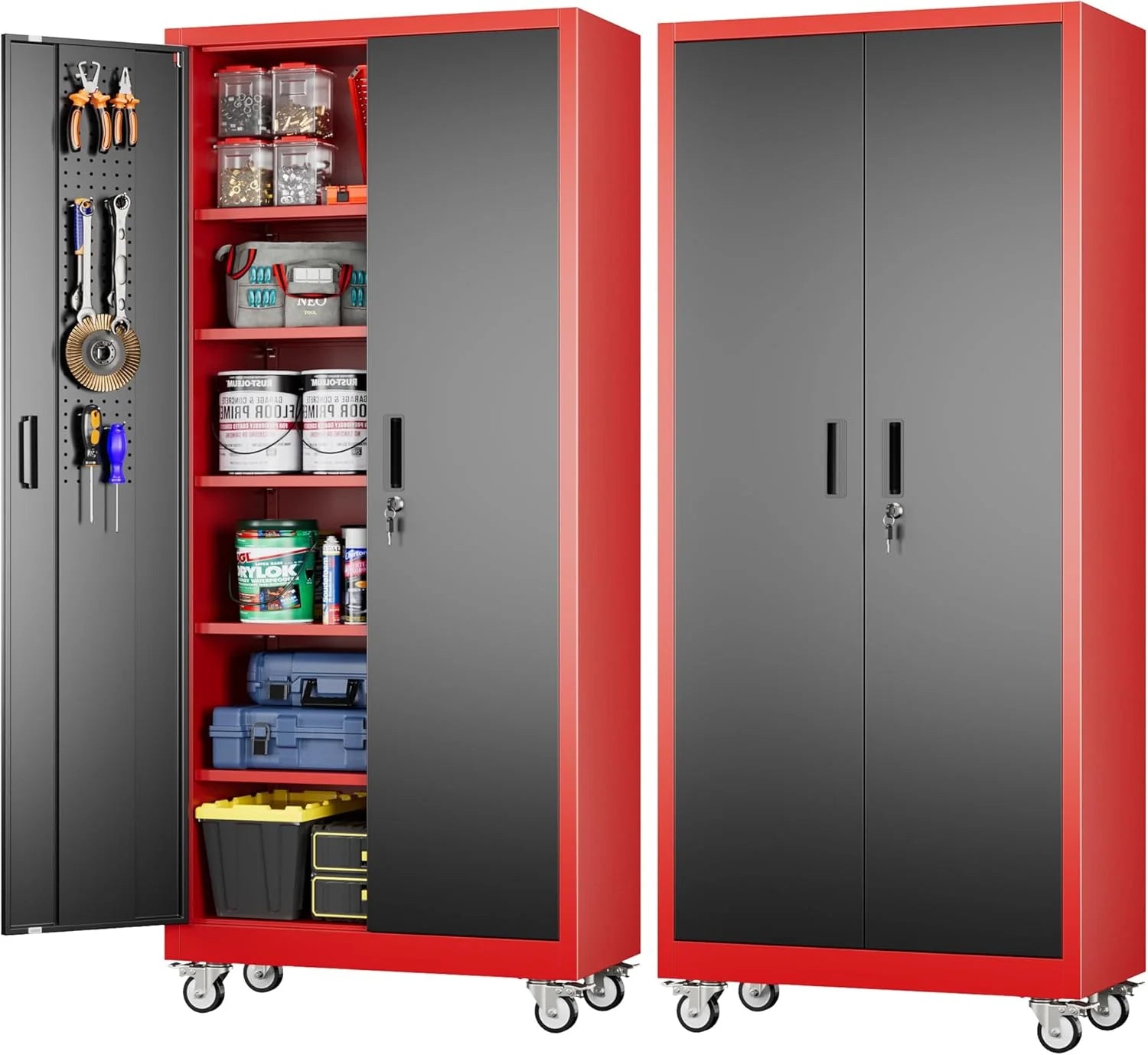 Metal Storage Cabinet with Pegboard 71'' x 34'' x 18'',Lockable Steel Storage Cabinet with 5 Adjustable Shelves and Door for Garage, Office, Kitchen, Assembly Required(Black)