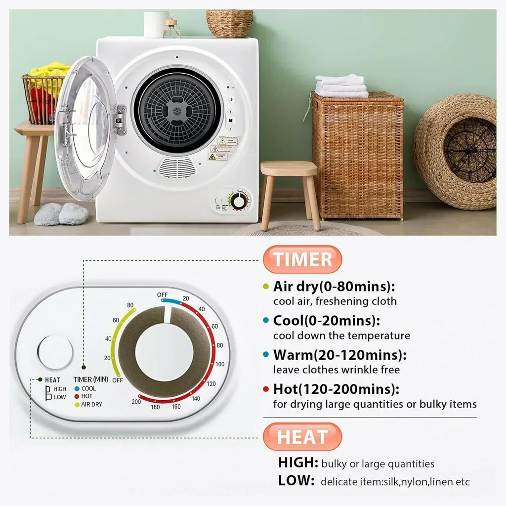 Compact Laundry Dryer 3.5 cu ft Front Load Stainless Steel Clothes Dryers With Exhaust Pipe