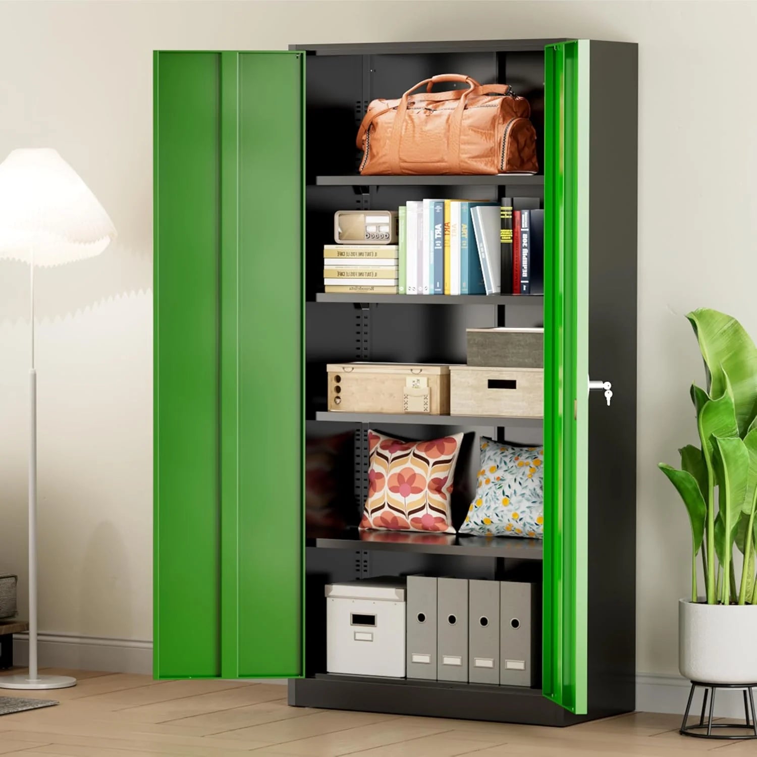 Greenvelly Metal Storage Cabinet, 72 Black Locking Metal Cabinet with 2 Doors and 4 Adjustable Shelves, Lockable Garage Storage Cabinets for Home Office, Garage, Kitchen, Living Room