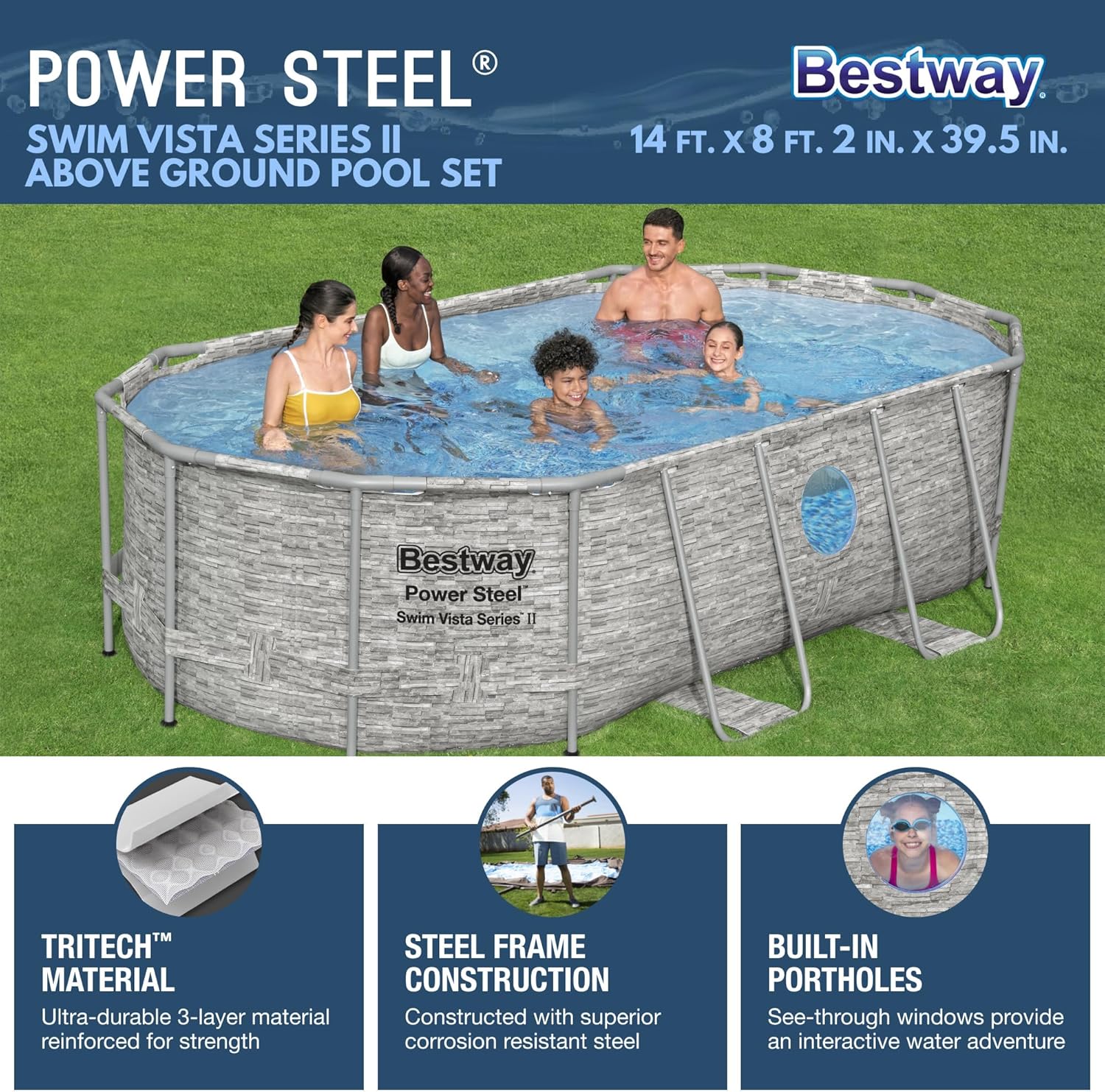 Power Steel Swim Vista Series II 14' x 8' 2 x 39.5 Above Ground Outdoor Swimming Pool Set
