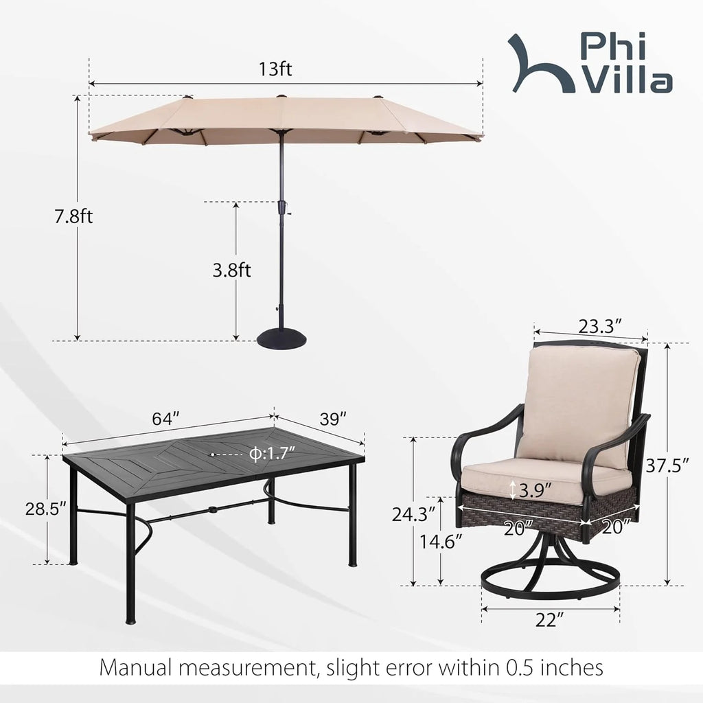 PHI VILLA 6-Piece Outdoor Dining Sets, All-Weather Patio Table and Chairs Set with Umbrella for 4, Heavy Duty Patio Round Table Set for Deck, 4 Extra Large Outdoor Swivel Chairs with Thick Cushions
