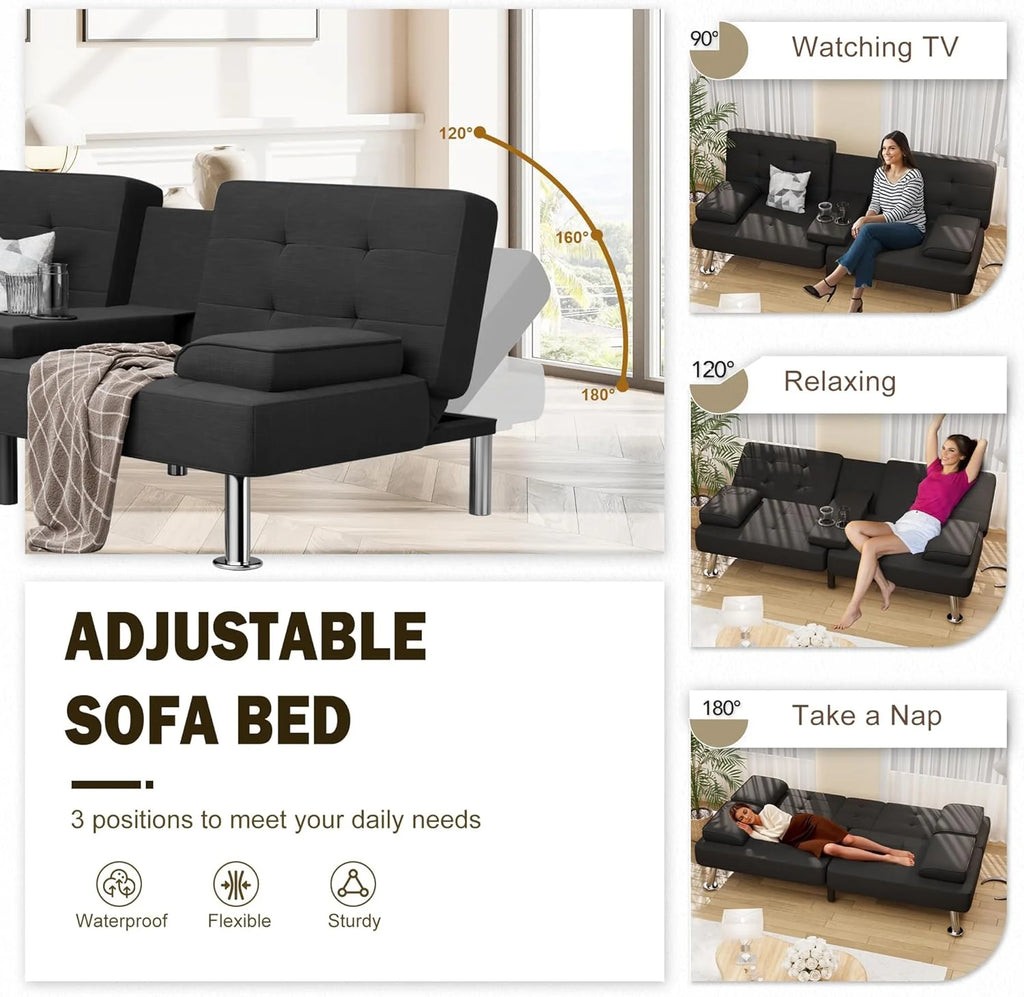 Shahoo Modern Linen Upholstered Convertible Folding Futon Sofa Bed with Removable Armrests