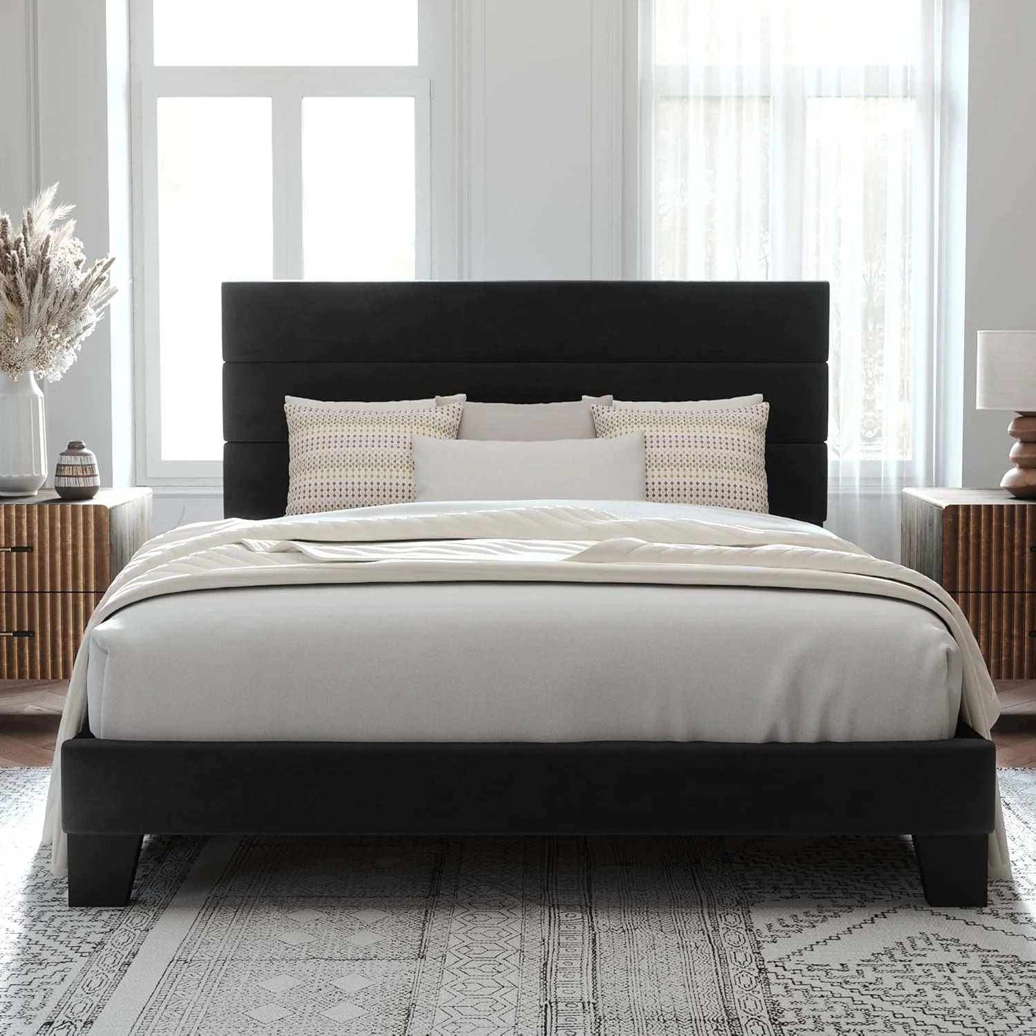 Allewie Queen Size Platform Bed Frame Fabric Upholstered Headboard Wooden Slats Support