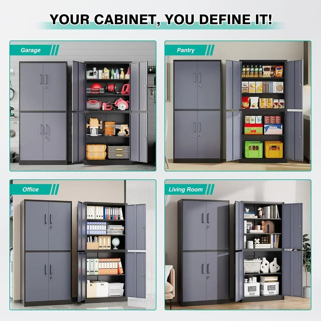 Metal Storage Cabinet with 2 Doors and 6 Shelves Black Metal Cabinet Garage Storage Cabinet