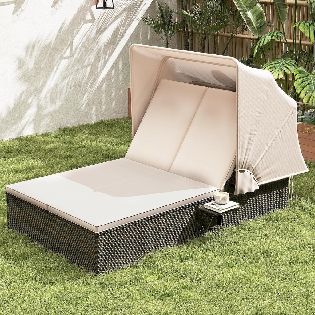 RELAX4LIFE Outdoor Daybed Retractable Canopy Wicker Double Chaise Lounge 6-Position Backrest
