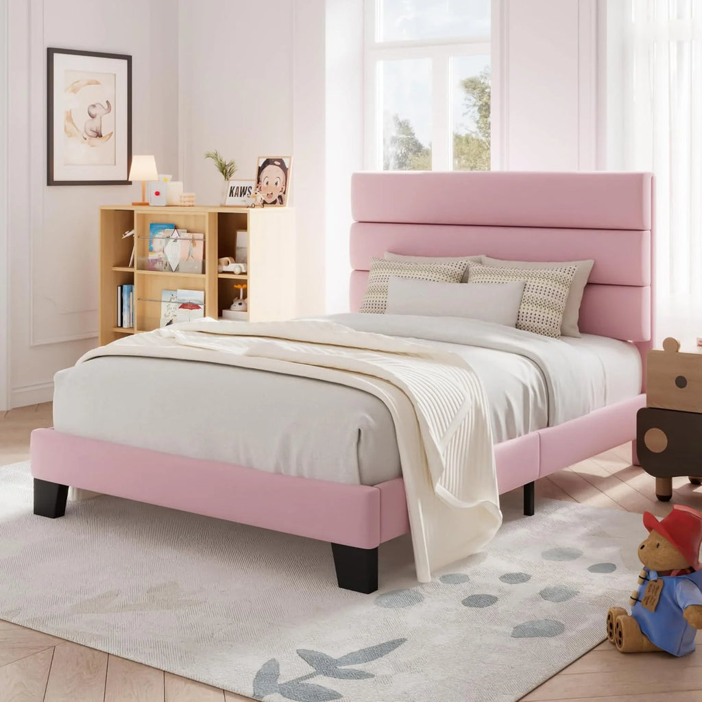 Allewie Queen Size Platform Bed Frame Fabric Upholstered Headboard Wooden Slats Support