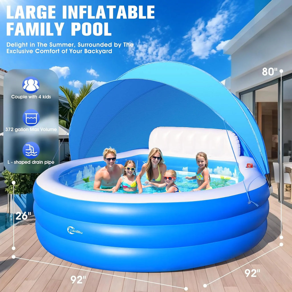 2025 Upgraded Inflatable Pool with Canopy, Inflatable Family Lounge Pool, Round Blow Up Pool for Adult with Bench & Backrest, Swim Center Easy Backyard Pools for Kids & Adults, 92x92x26, Blue