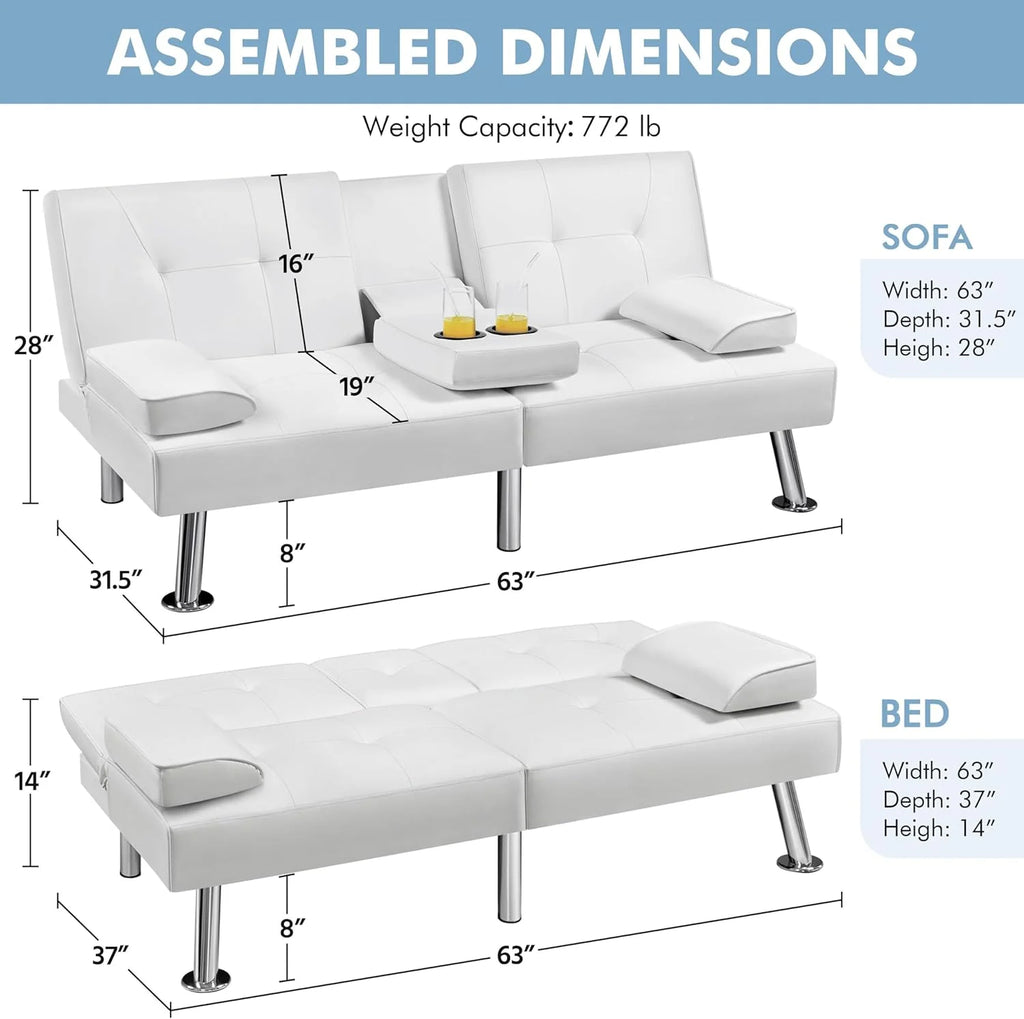 Yaheetech Convertible Sofa Bed Adjustable Couch Sleeper Modern Faux Leather Home Recliner Reversible Loveseat Folding Daybed Guest Bed, Removable Armrests, Cup Holders, 3 Angles, 772lb Capacity, Brown