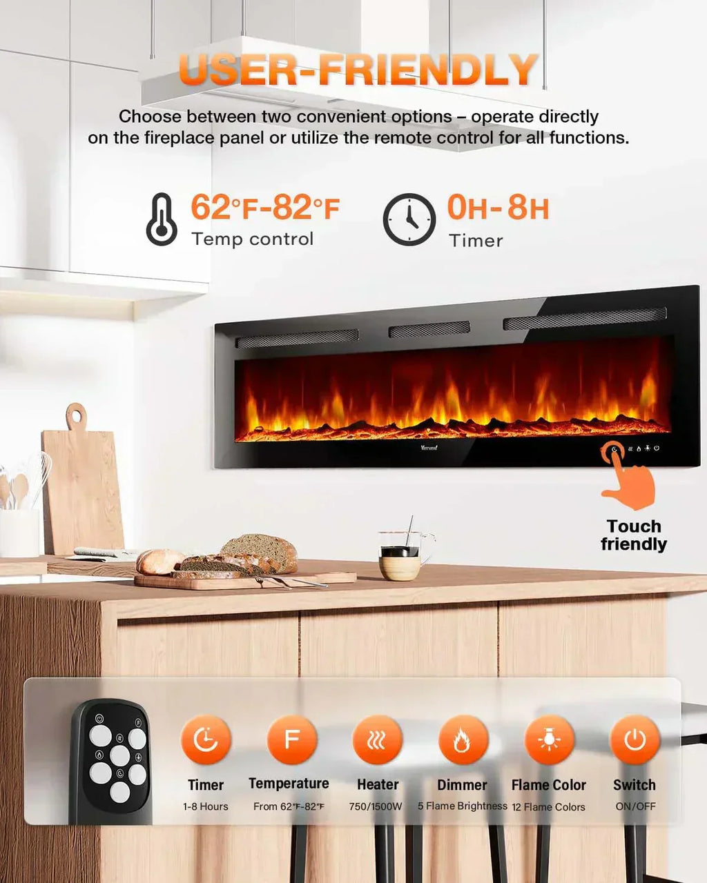 Electric Fireplace 60Inch Wall Mounted Electric Fireplace Heater with Timer Inserts TV Stand