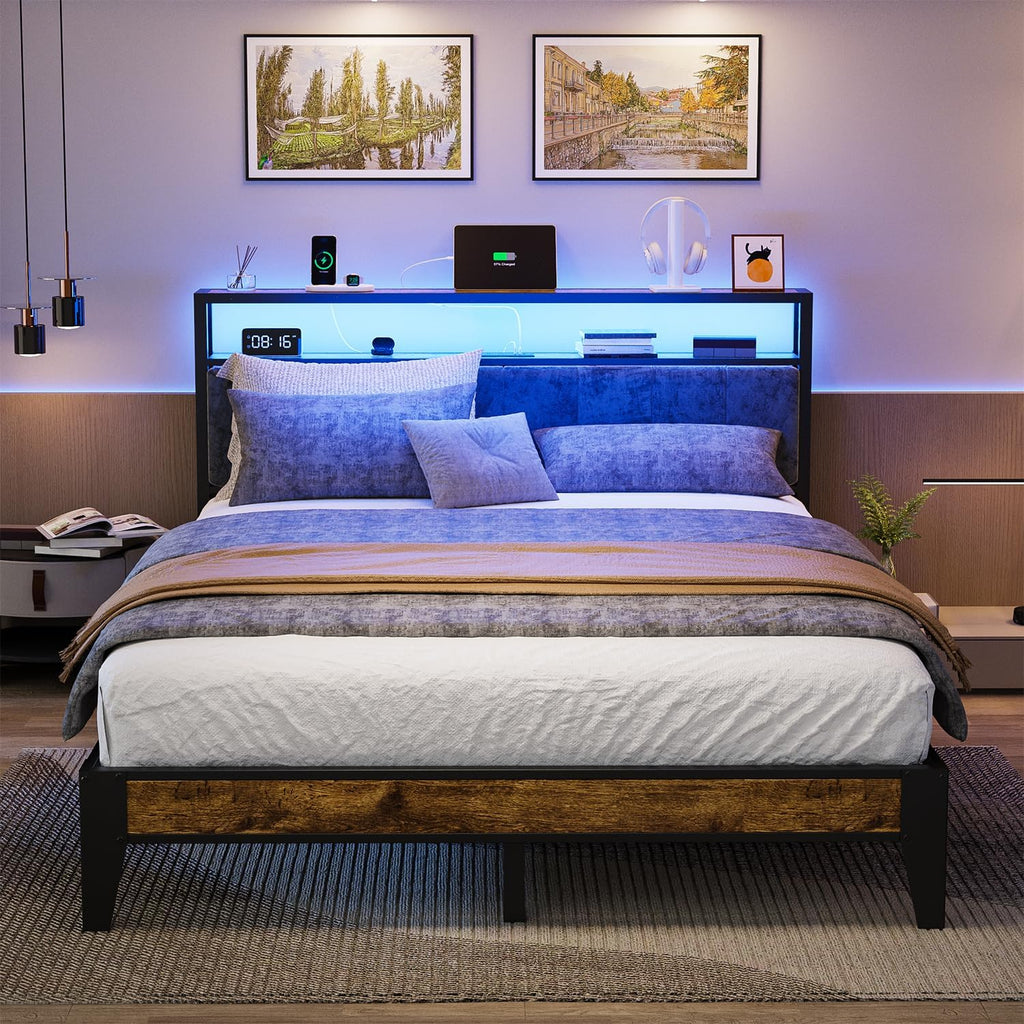 OLEVS Single Bed Frame LED Light Storage Headboard Charging Station Metal Platform Bed