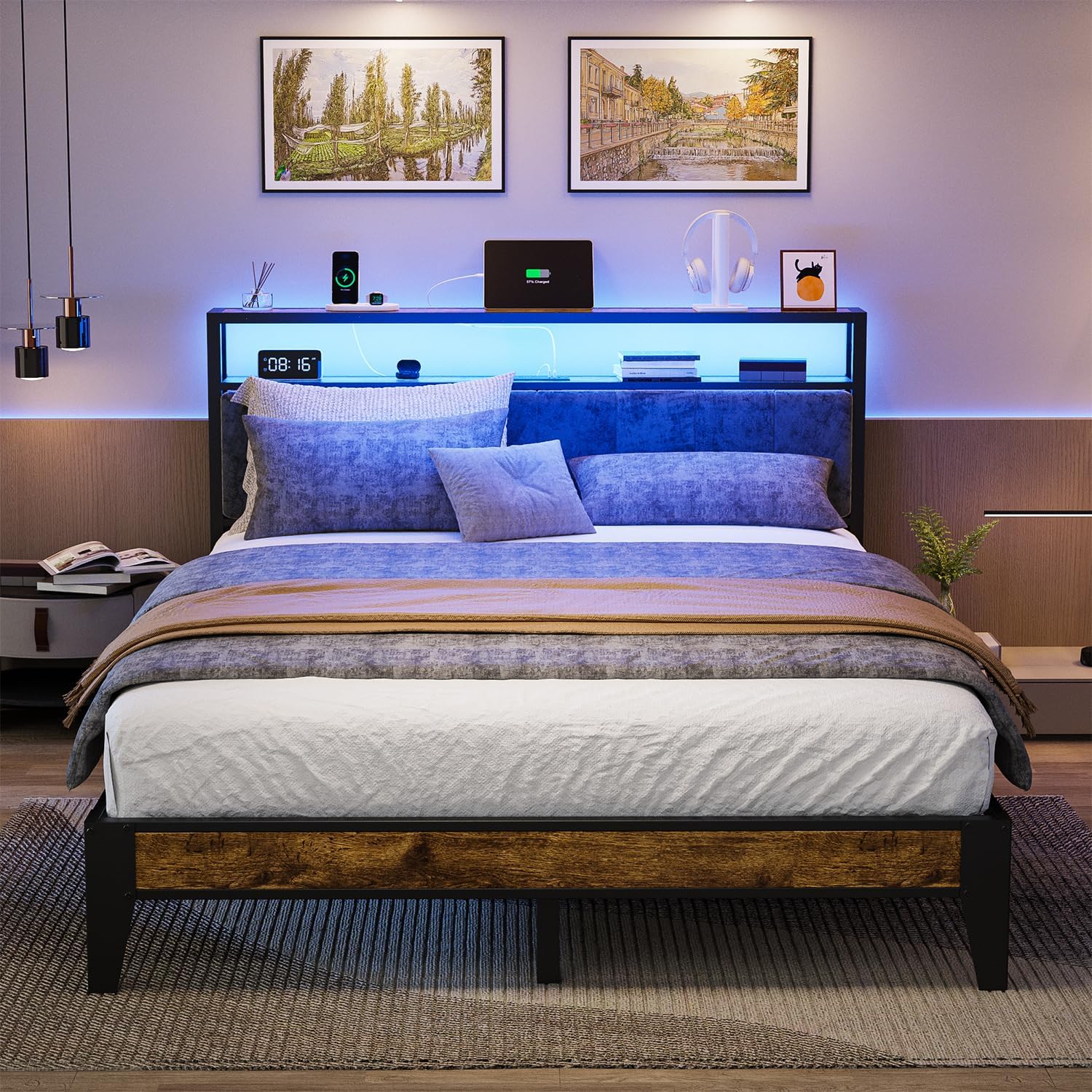 OLEVS Single Bed Frame LED Light Storage Headboard Charging Station Metal Platform Bed