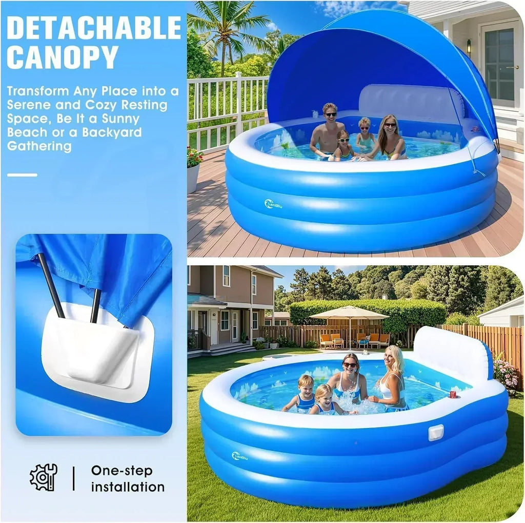2025 Upgraded Inflatable Pool with Canopy Inflatable Family Lounge Pool Round Blow Up Pool