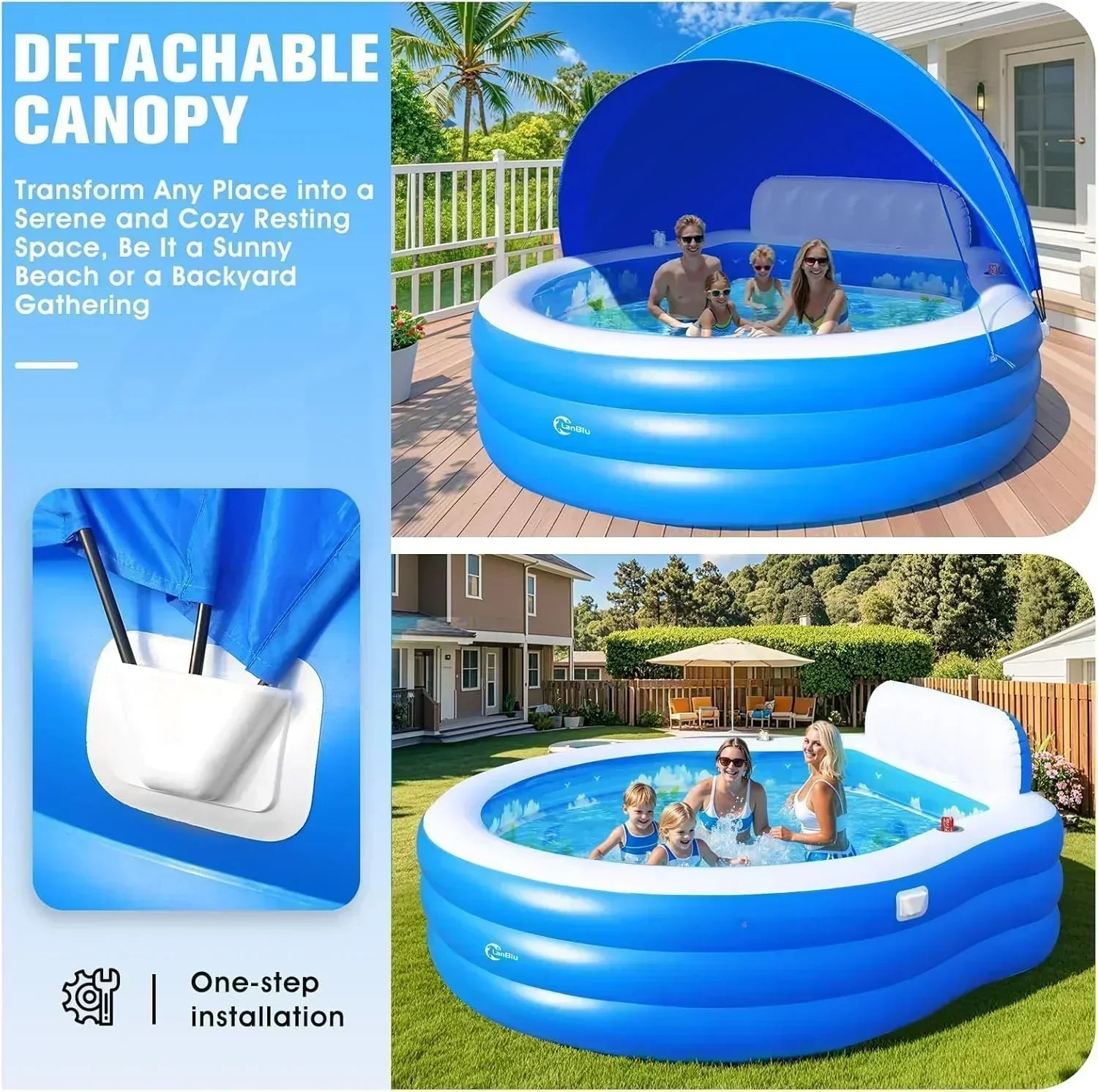 2025 Upgraded Inflatable Pool with Canopy Inflatable Family Lounge Pool Round Blow Up Pool