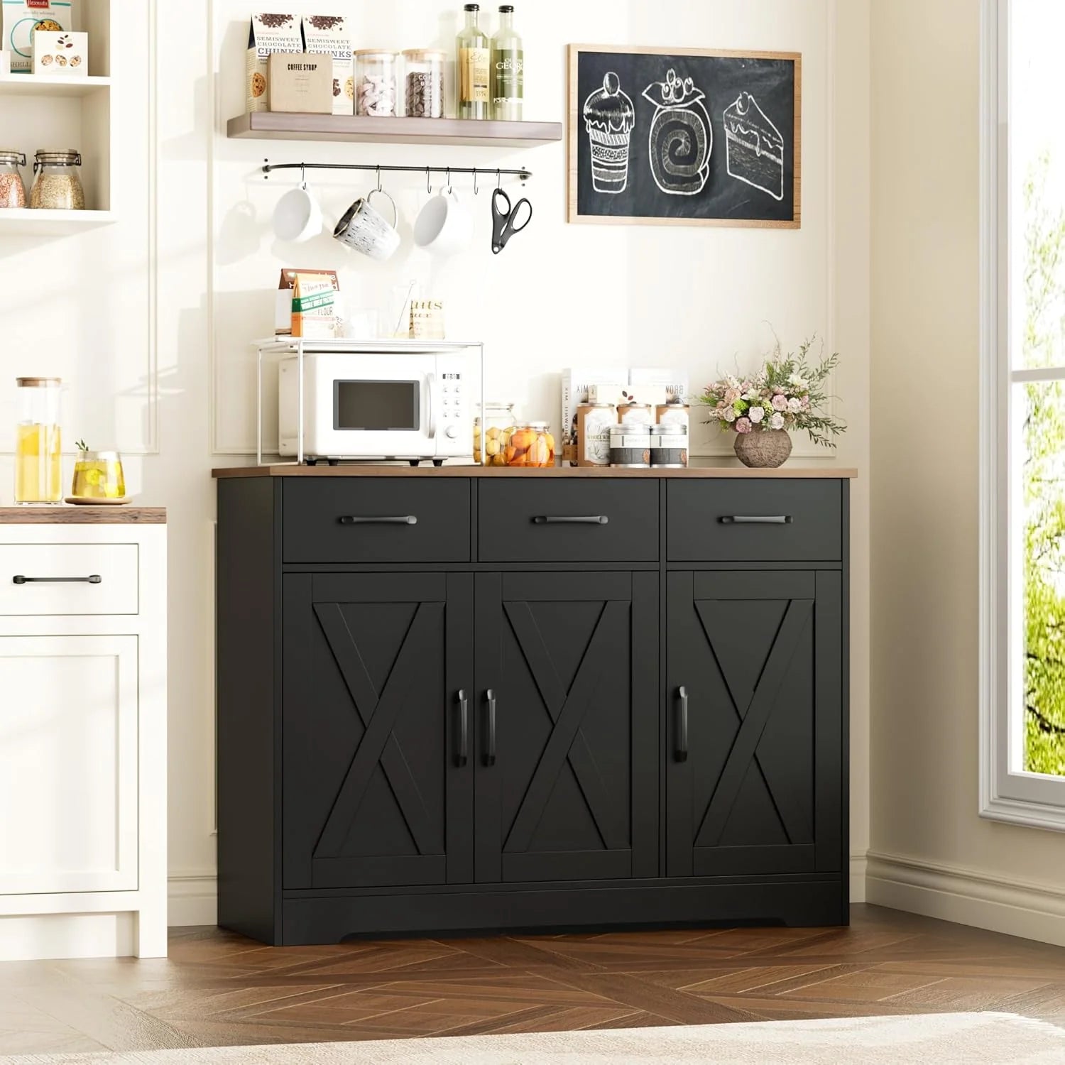 Modern farmhouse sideboard, barn door buffet storage cabinet with drawers and shelves, wooden coffee bar with storage