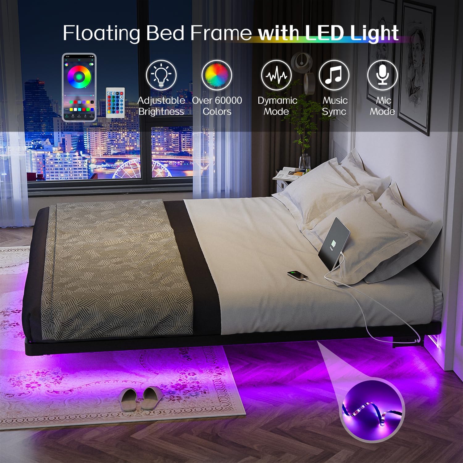 OLEVS Floating Bed Frame Queen Size with Smart LED Lights Modern Metal Platform Bed
