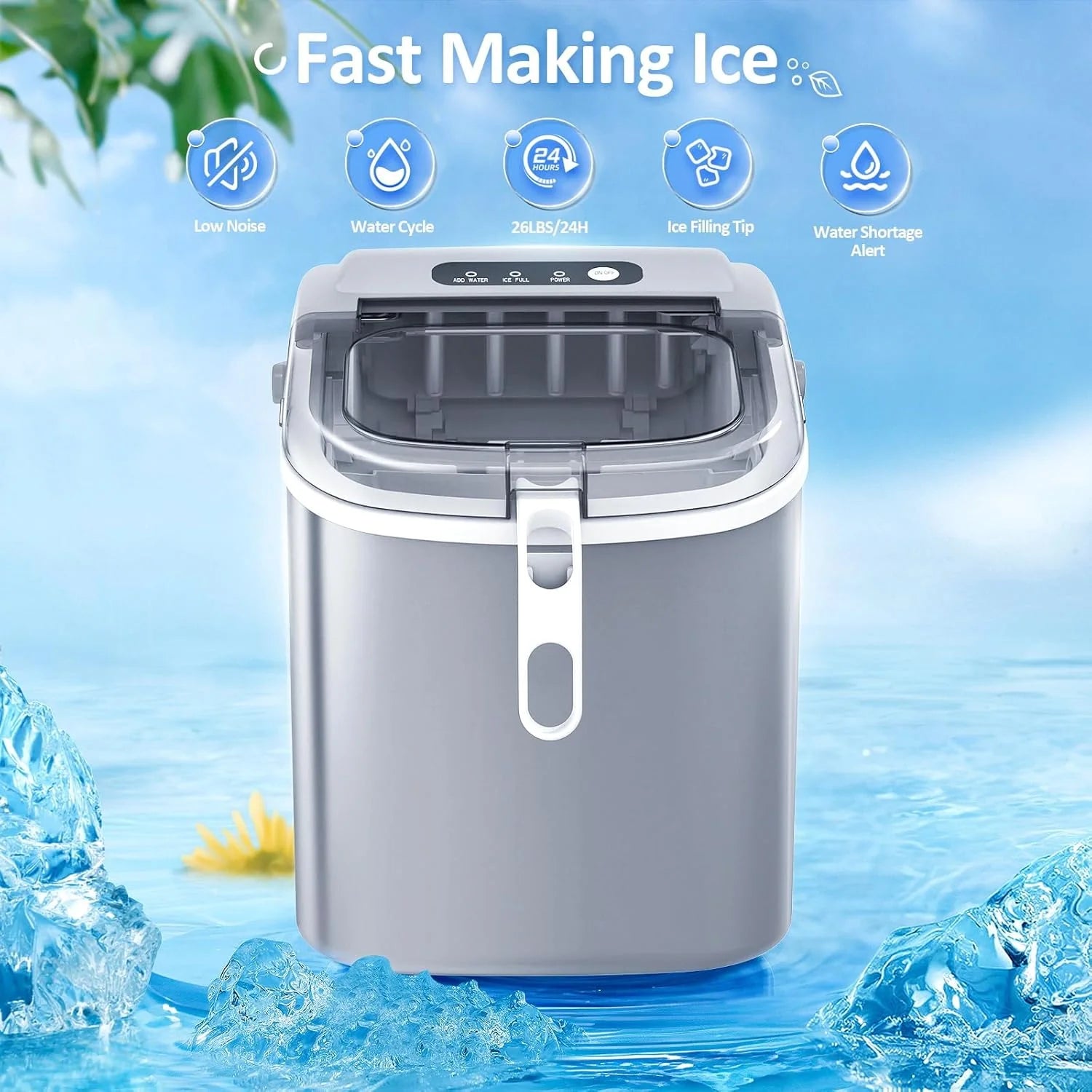 Nugget Ice Makers Countertop, Pebble Ice Machine with Chewable Pellet Ice, 34Lbs/24H, Self-Cleaning, Sonic Ice, One-Click Operation, for Kitchen,Office Stainless Steel Silver