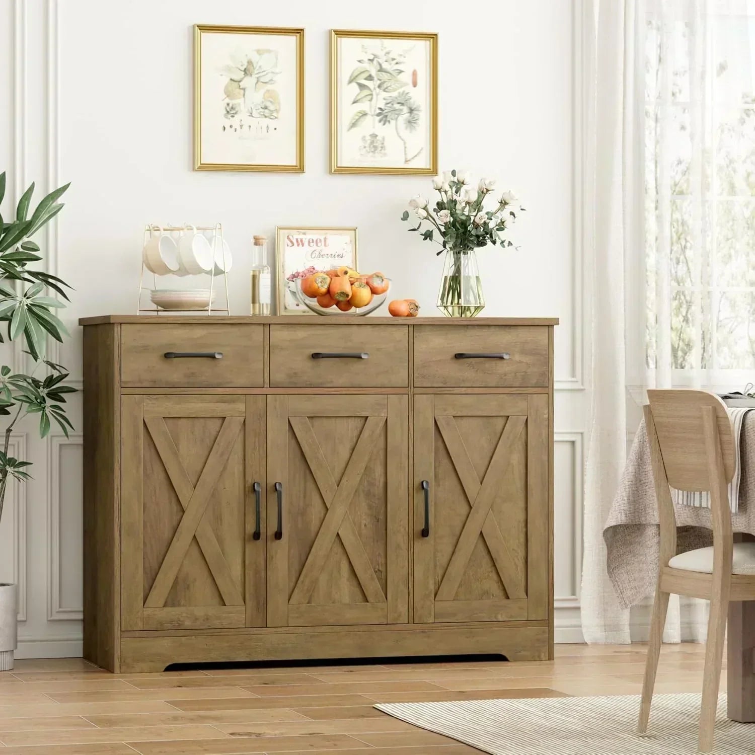 Modern farmhouse sideboard barn door buffet storage cabinet with drawers and shelves