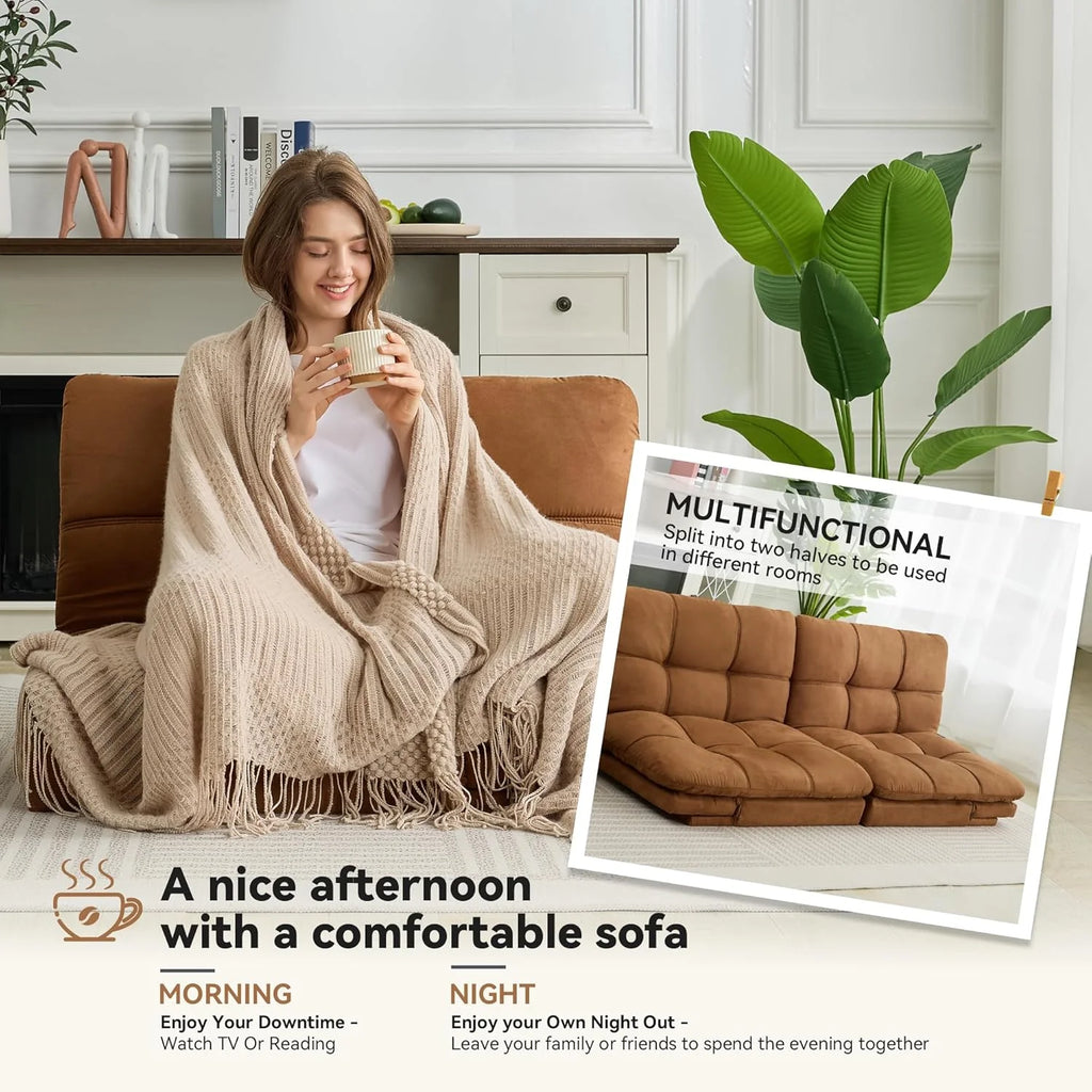 Amazon Basics Brown Loveseat,Convertible Couch Memory Foam Futon Sofa Bed Modern Sleeper Sofa for Small Compact Living Room,Office,Apartment, Linen Fabric