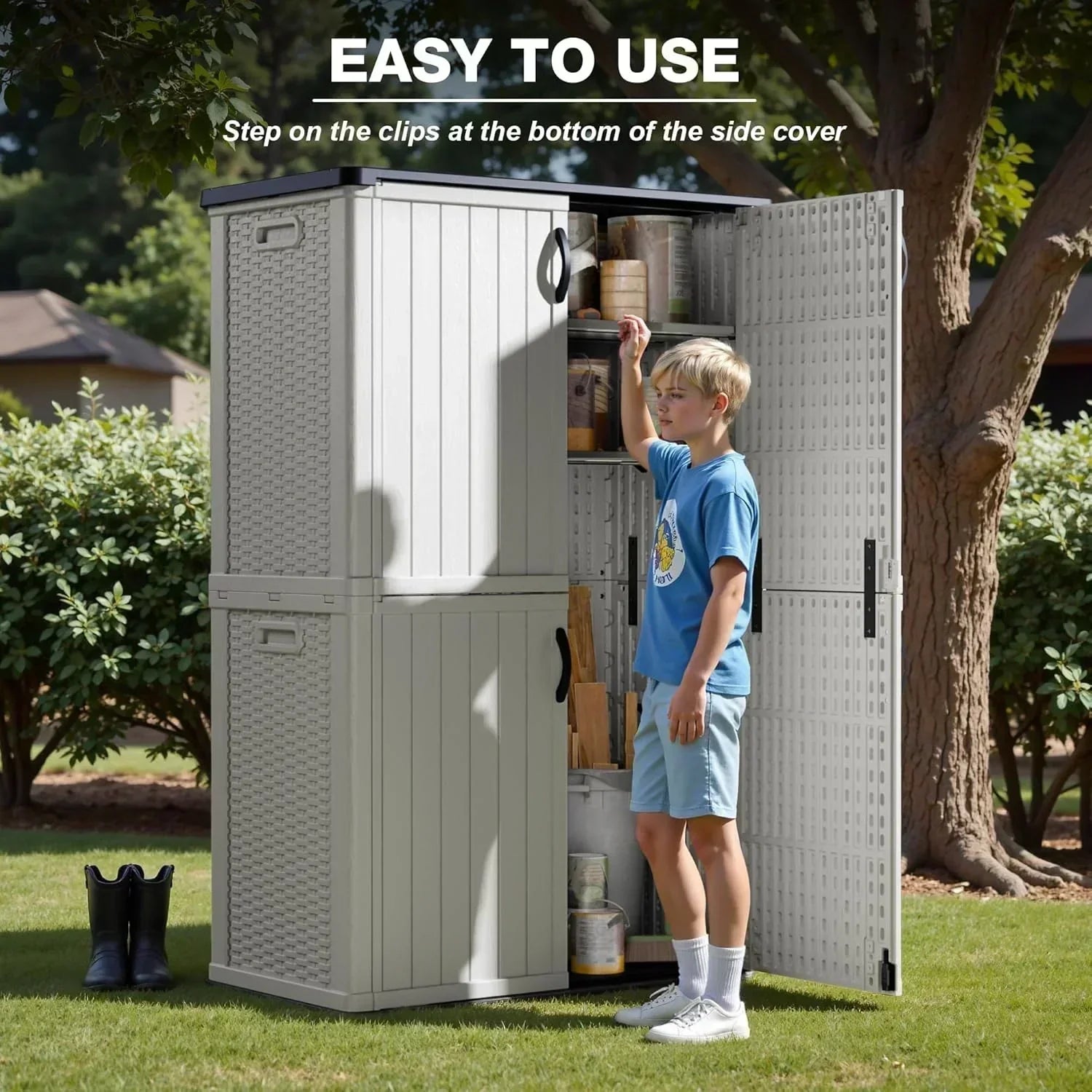 Greesum Outdoor Horizontal Storage Shed 27 Cu.ft Resin Large Storage Box for Garden Patio