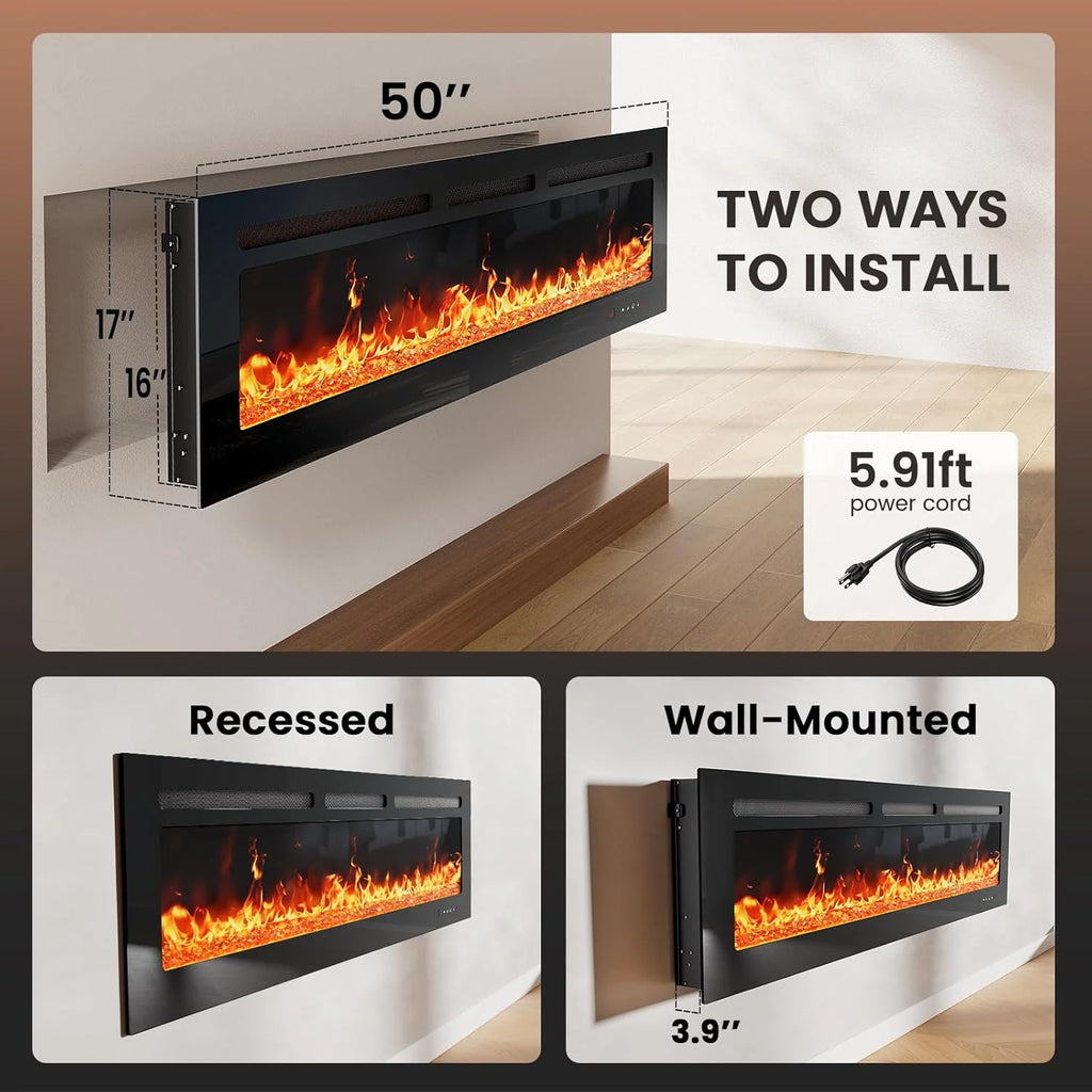 Silonn 50��Smart Electric Fireplace Heater with App & Remote Control, 5300 BTU Heat Output, Ultra-Slim Wall-Mounted or Recessed Electric Fireplace Inserts with Timer, 20 Flame Colors,WiFi Enabled