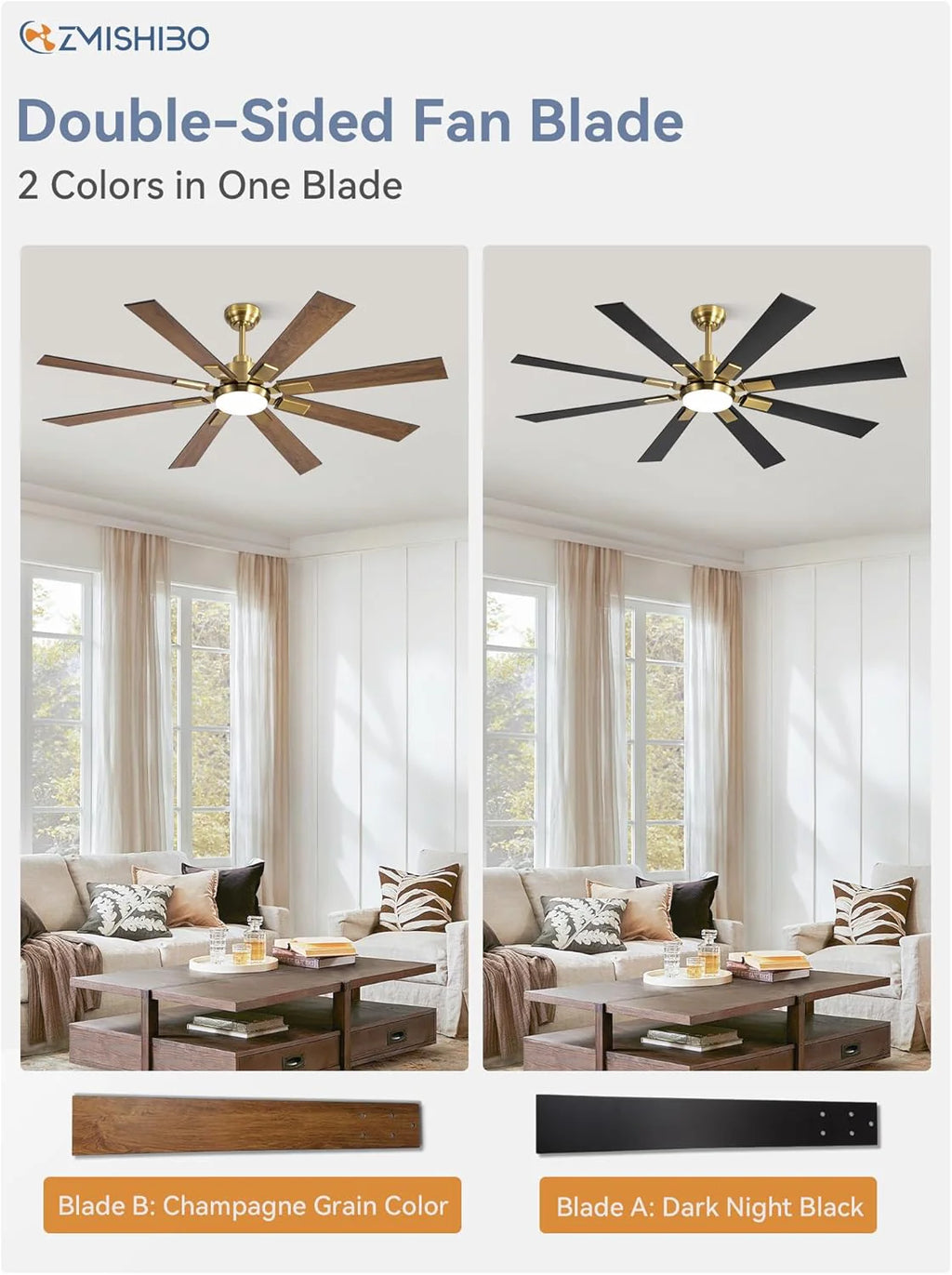 ZMISHIBO 72 inch Large Ceiling Fans with Lights and Remote, Indoor/Outdoor Black Modern Ceiling Fan for Kitchen Living Room Patio, 6 Speed Reversible Quiet DC Motor, 3 CCT, Dual Finish 8 Blades