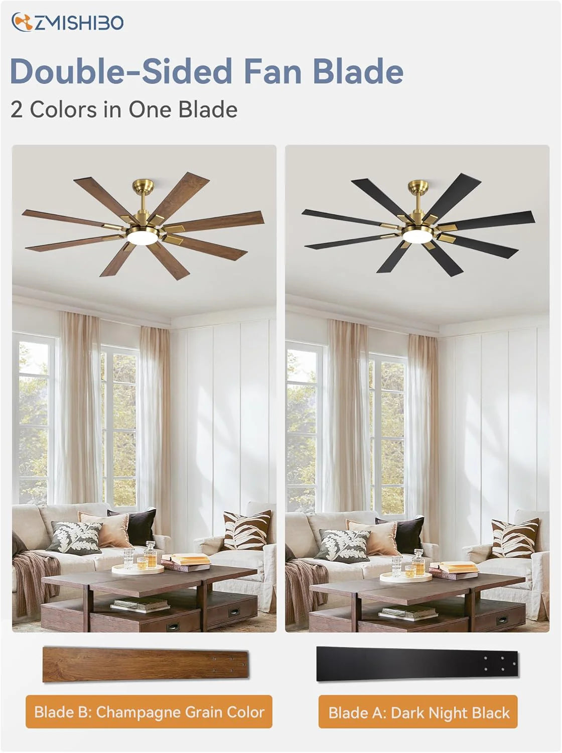 ZMISHIBO 72 inch Large Ceiling Fans with Lights and Remote, Indoor/Outdoor Black Modern Ceiling Fan for Kitchen Living Room Patio, 6 Speed Reversible Quiet DC Motor, 3 CCT, Dual Finish 8 Blades