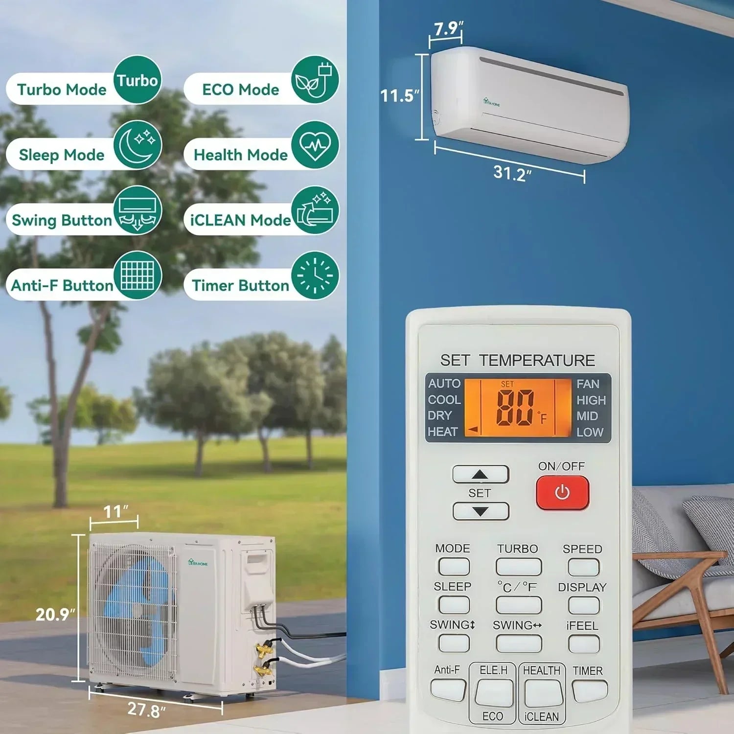 12000 BTU Mini Split Air Conditioner Heat Pump System Wifi Enabled 20 SEER2 115V Inverter Ductless