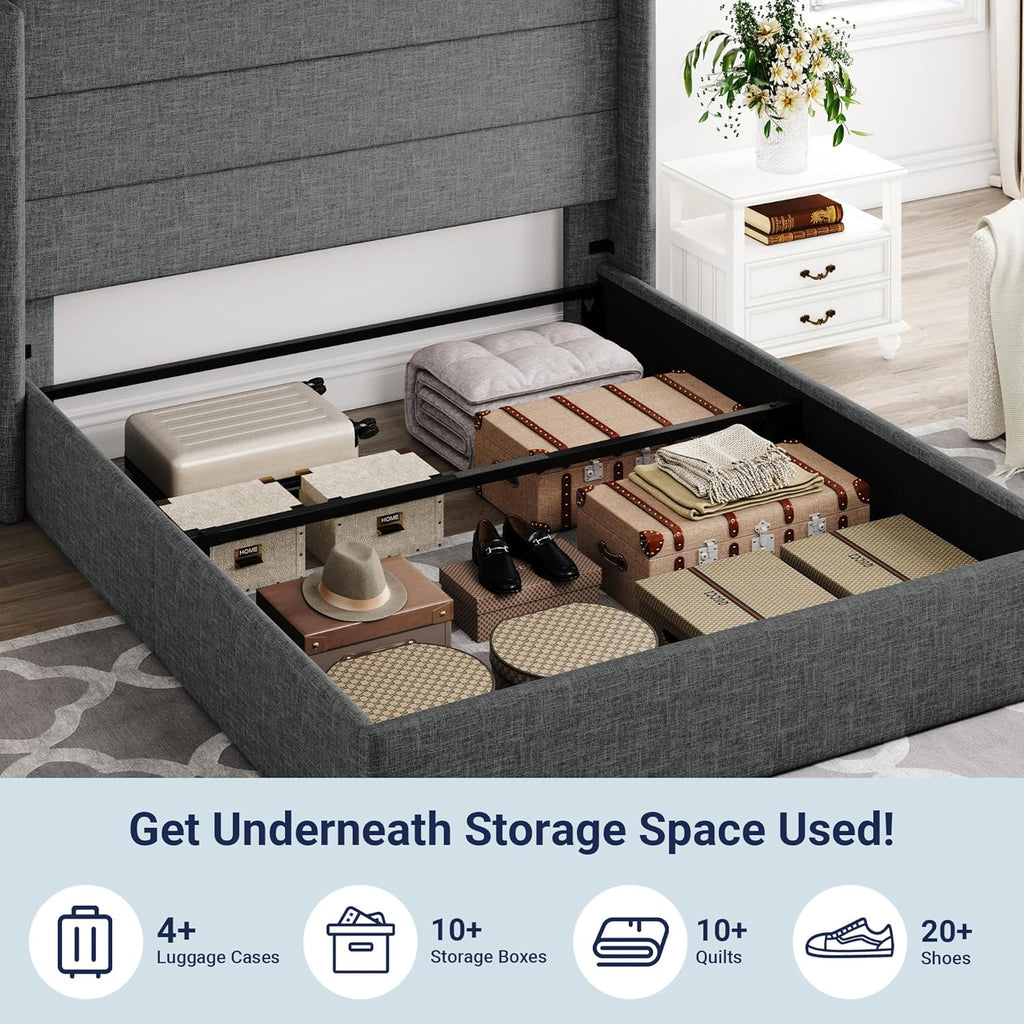 Allewie Queen Size Lift Up Storage Bed Modern Wingback Headboard Hydraulic Support